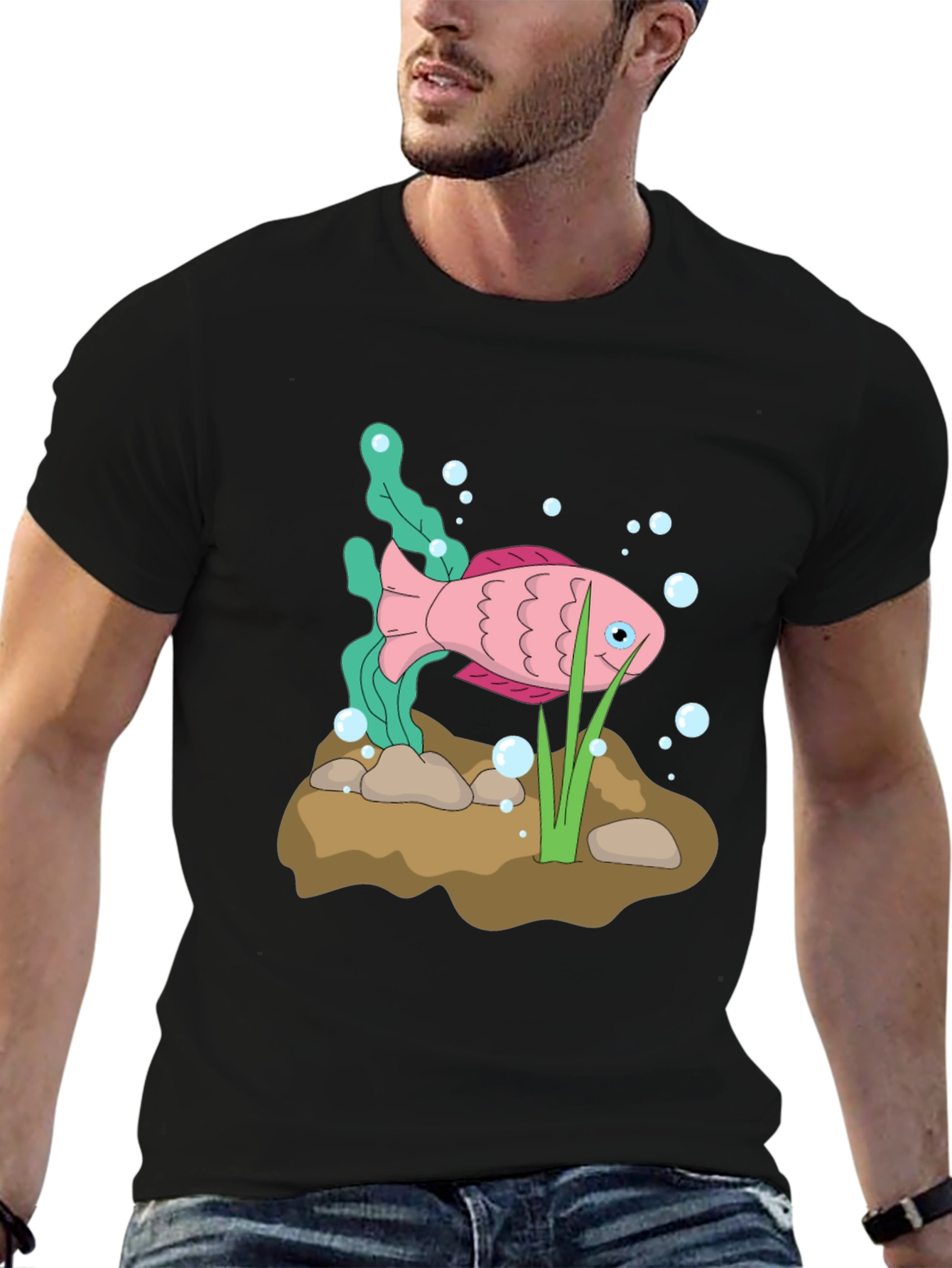 Pink Cartoon Fish Graphic Black T-Shirt