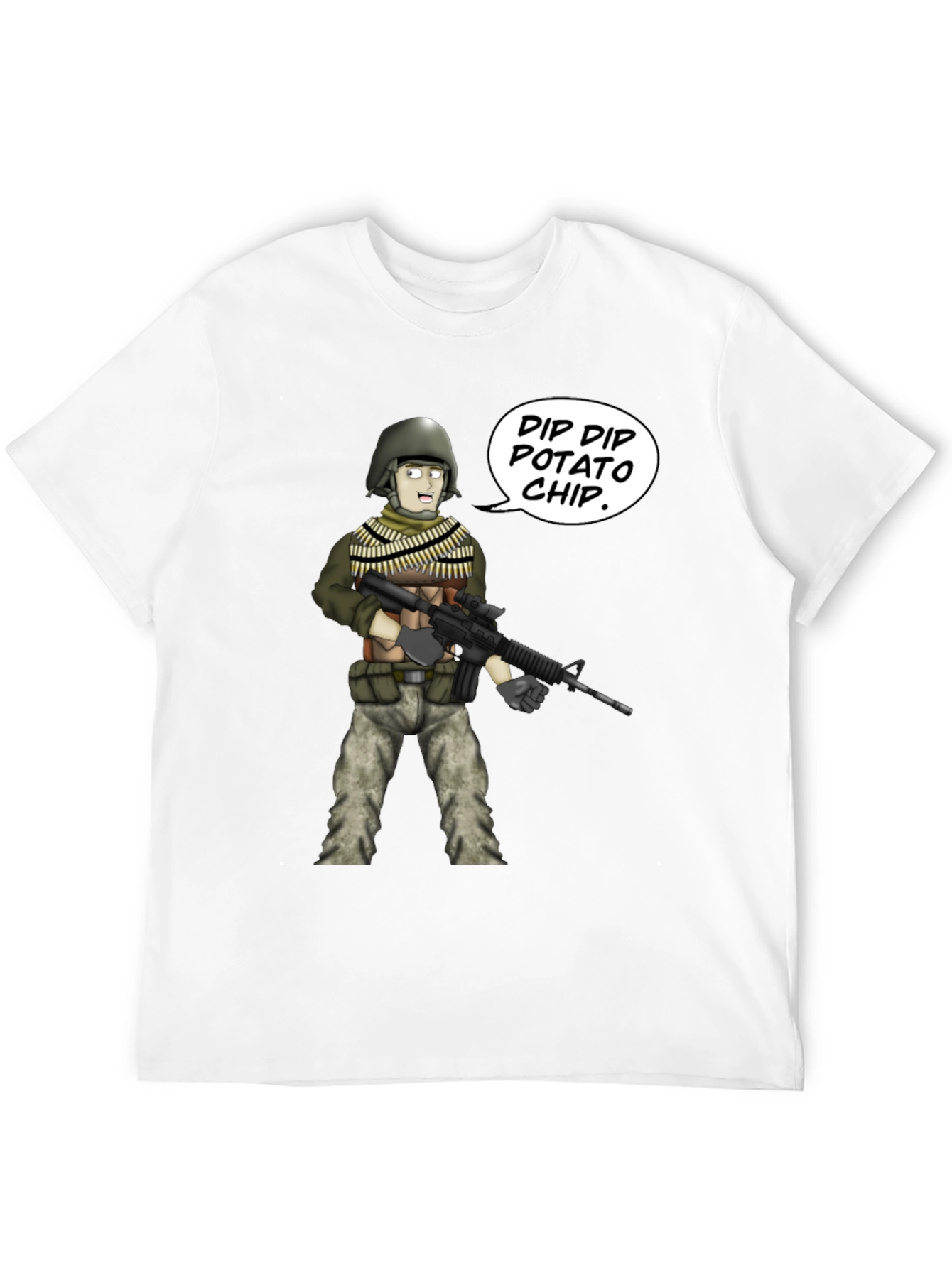 Funny Cartoon Soldier Dip Dip Potato Chip Black T-Shirt