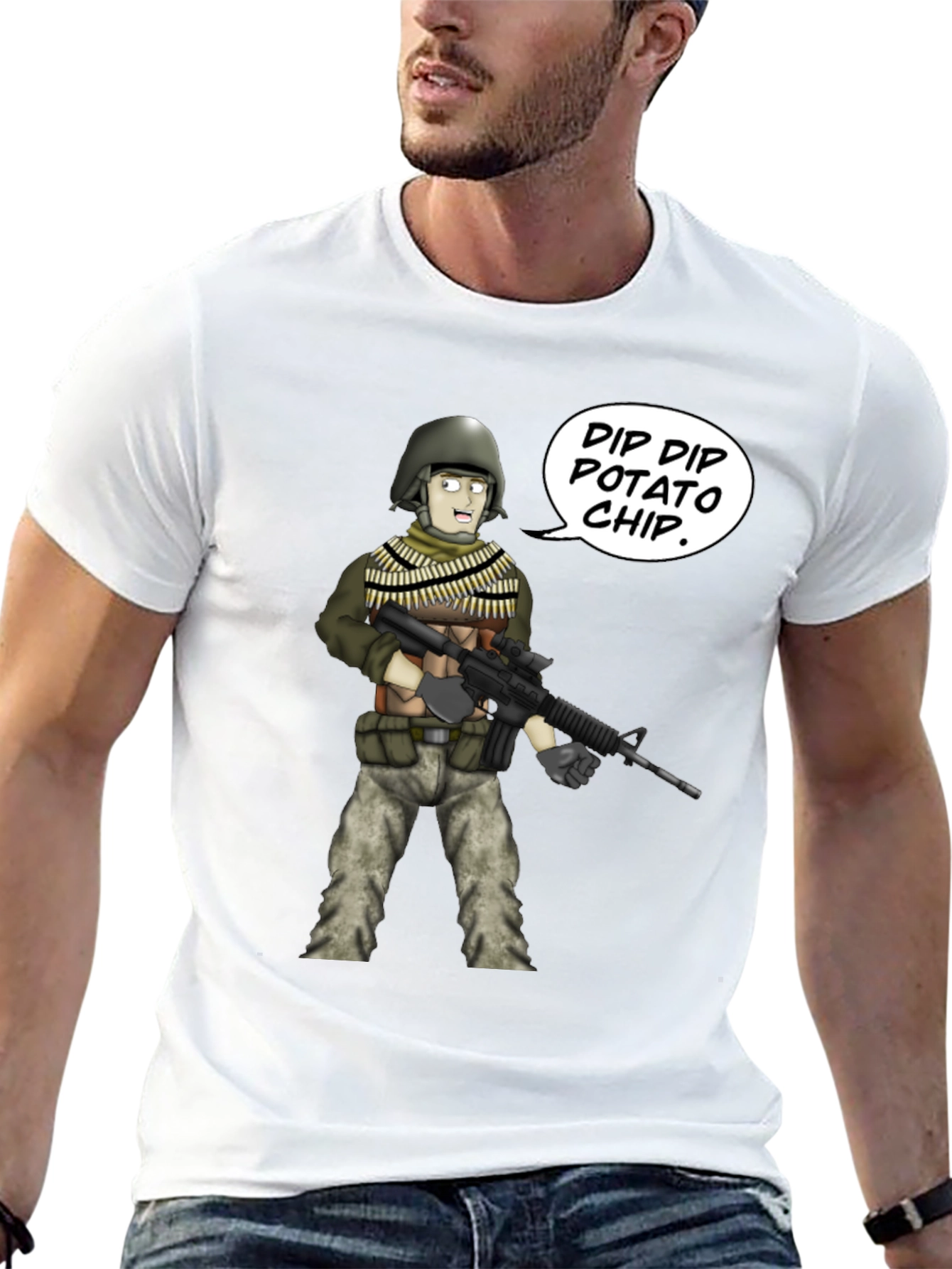 Funny Cartoon Soldier Dip Dip Potato Chip Black T-Shirt