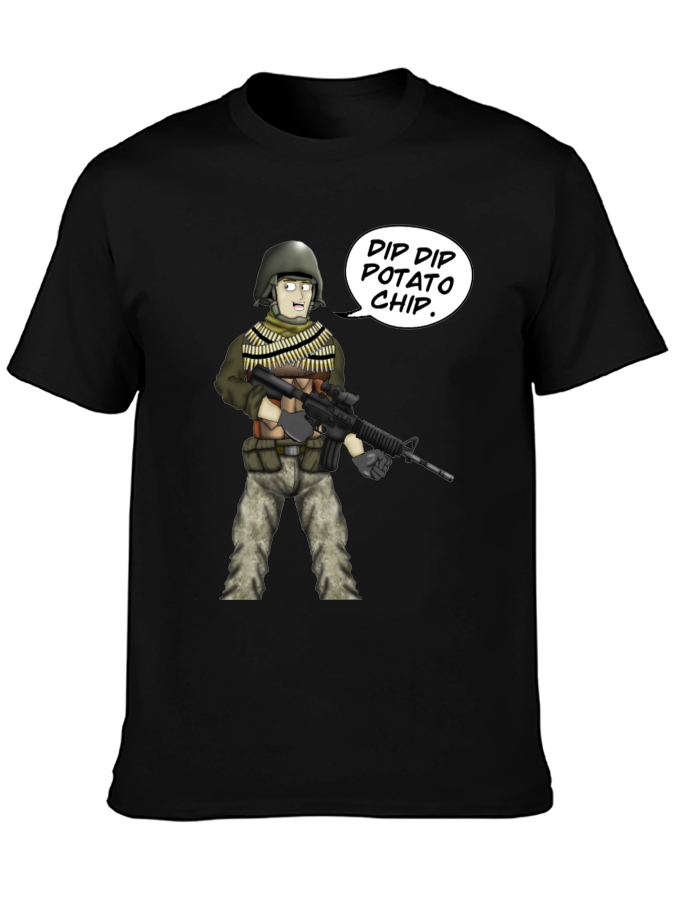 Funny Cartoon Soldier Dip Dip Potato Chip Black T-Shirt