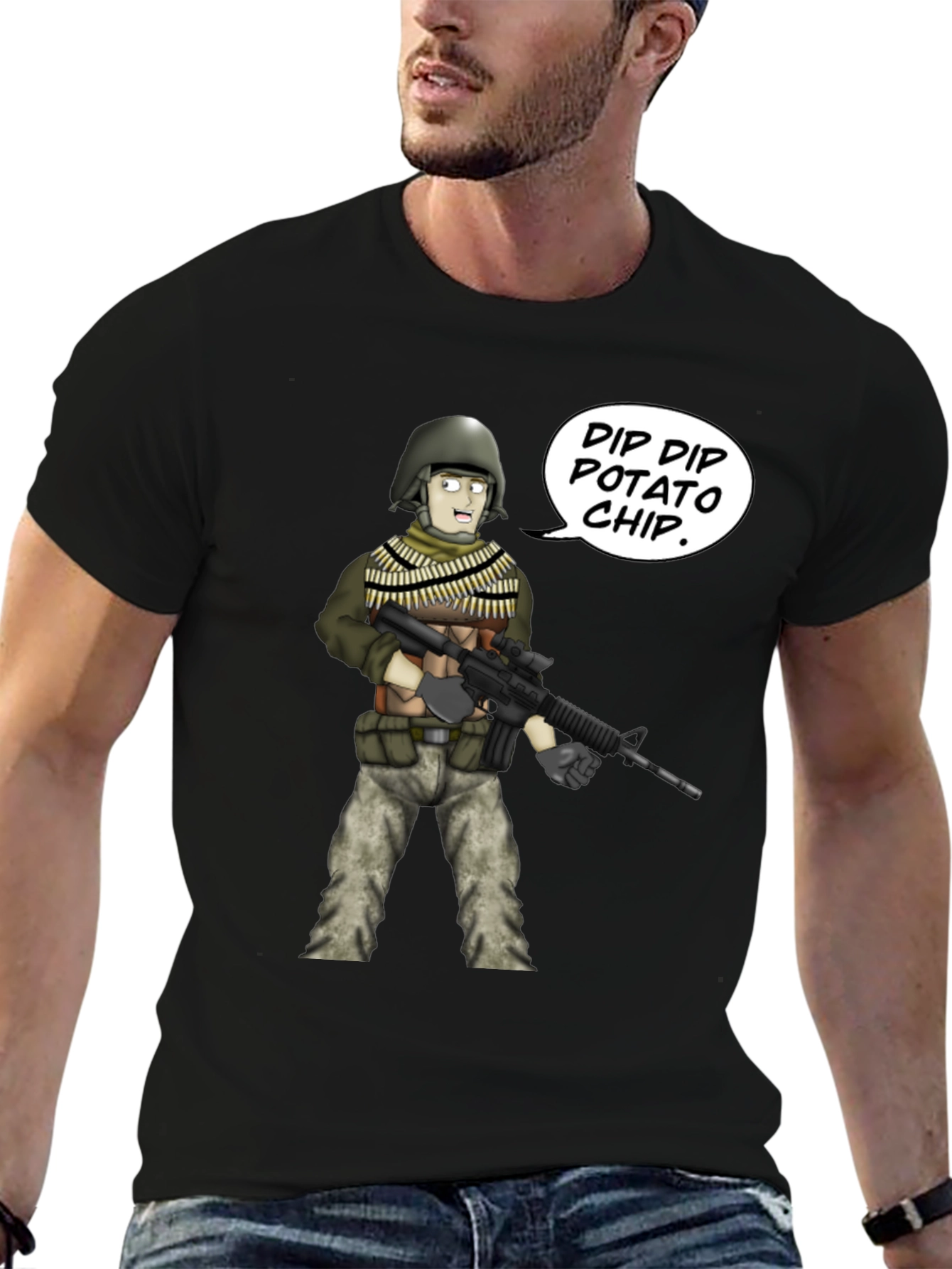 Funny Cartoon Soldier Dip Dip Potato Chip Black T-Shirt