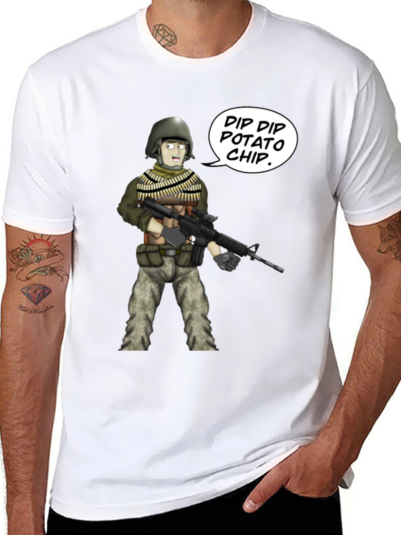 Funny Cartoon Soldier Dip Dip Potato Chip Black T-Shirt