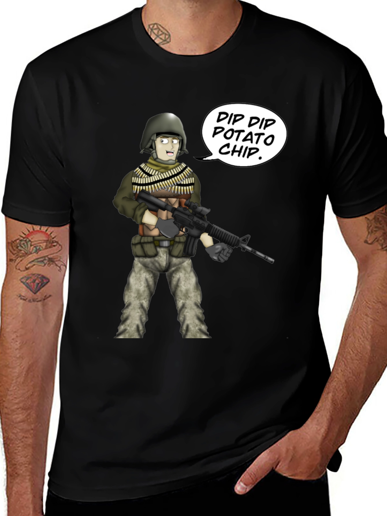 Funny Cartoon Soldier Dip Dip Potato Chip Black T-Shirt
