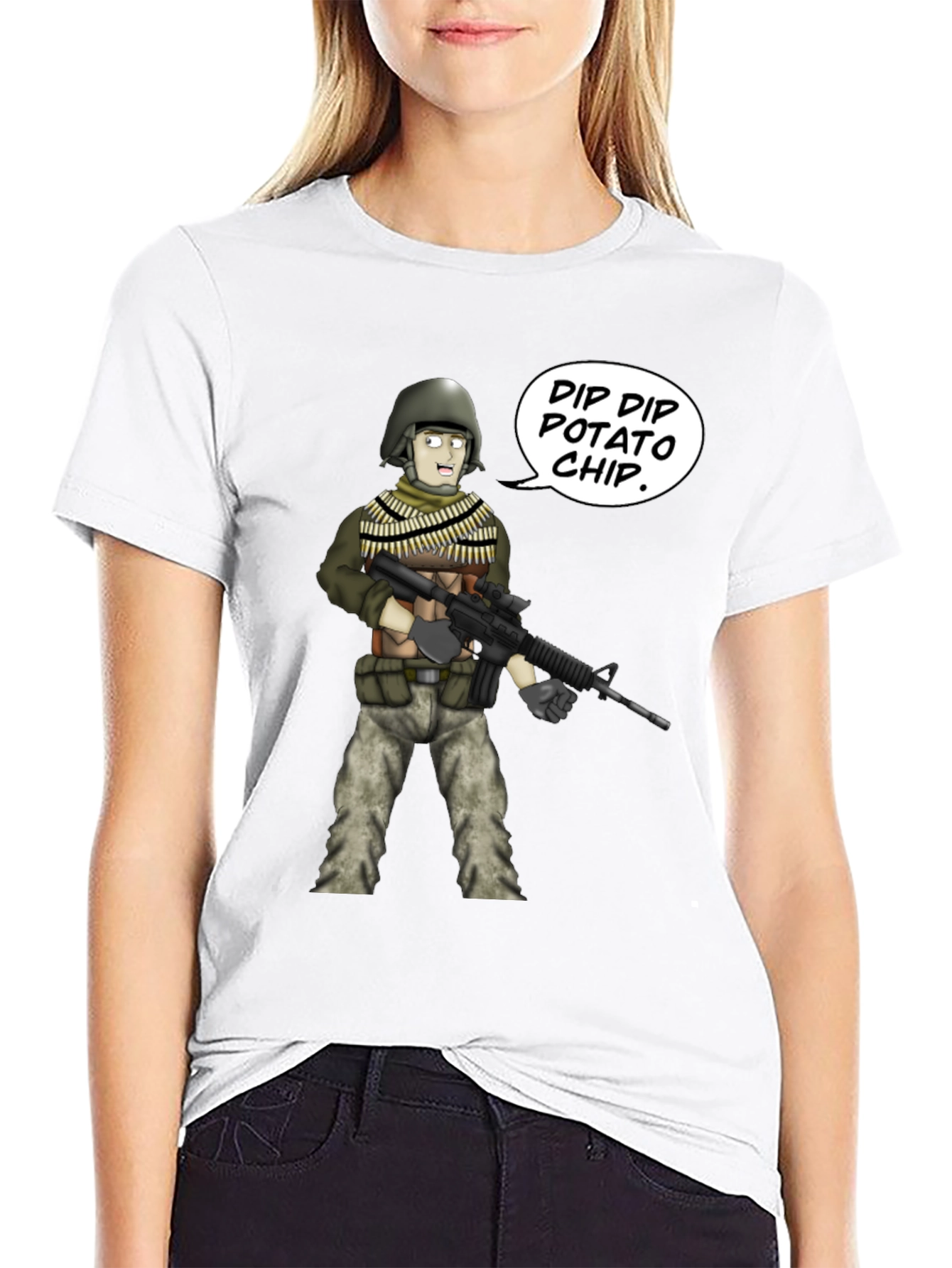 Funny Cartoon Soldier Dip Dip Potato Chip Black T-Shirt