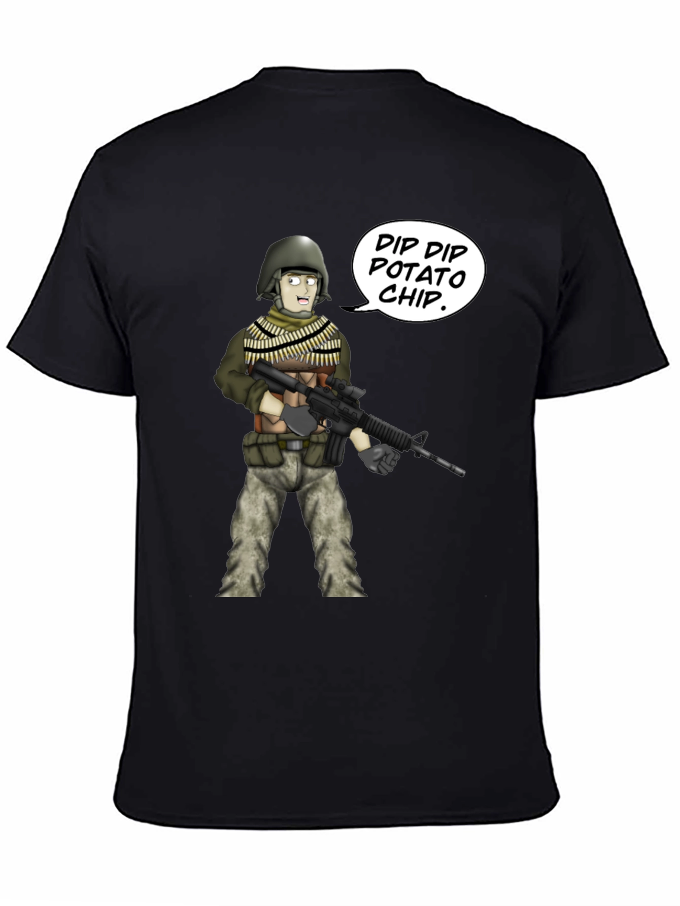 Funny Cartoon Soldier Dip Dip Potato Chip Black T-Shirt