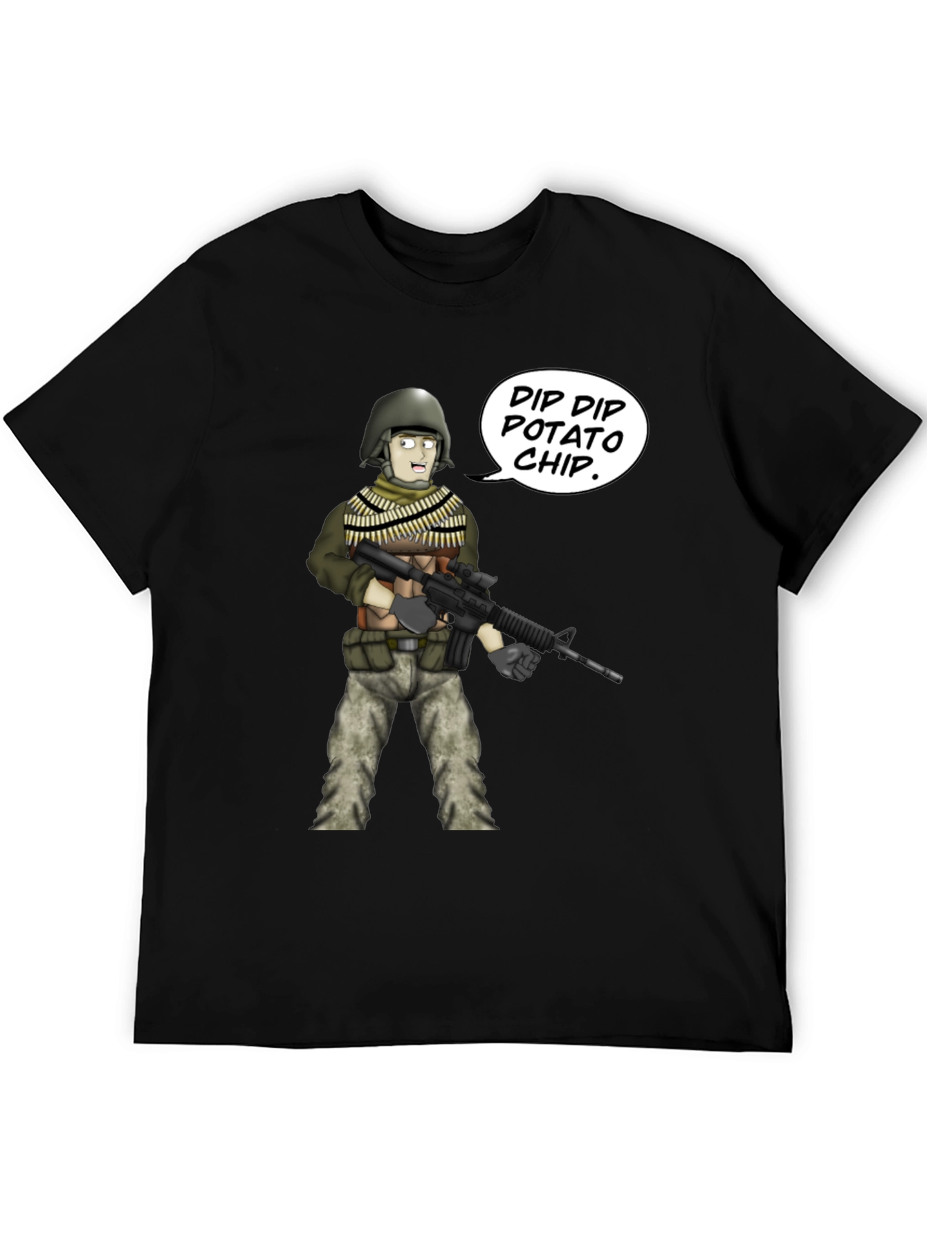 Funny Cartoon Soldier Dip Dip Potato Chip Black T-Shirt
