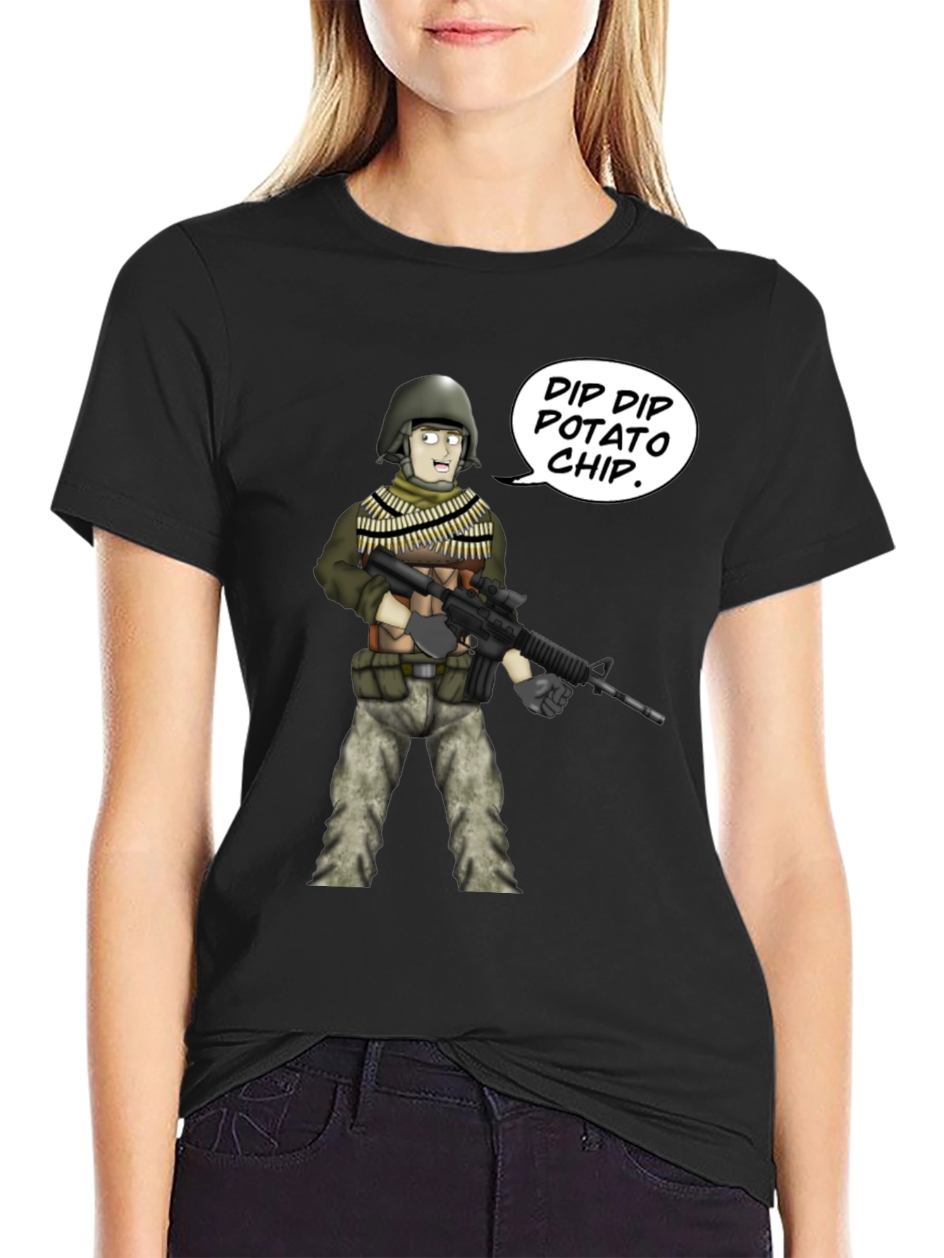 Funny Cartoon Soldier Dip Dip Potato Chip Black T-Shirt