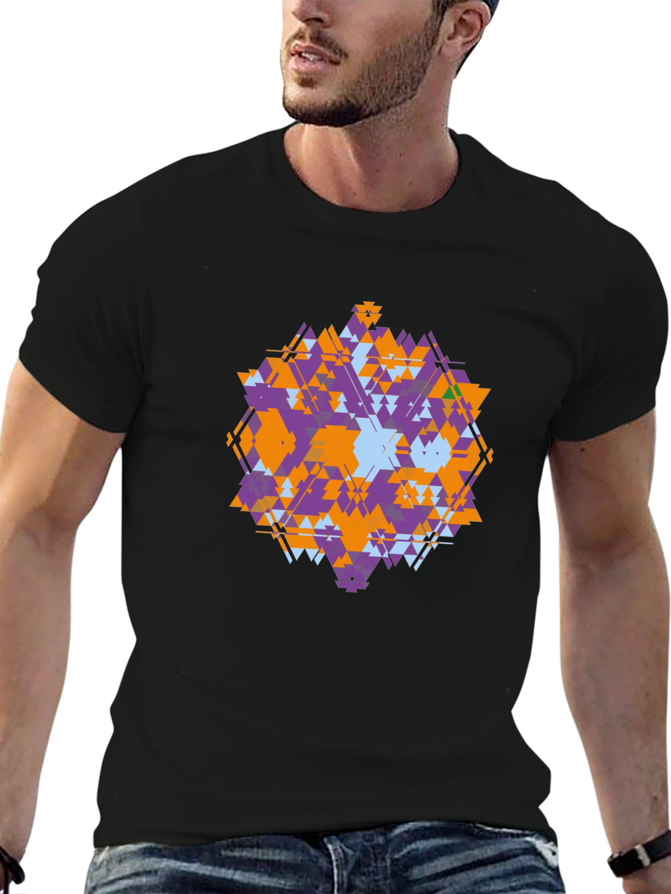 Geometric Triangle Pattern Black T-Shirt