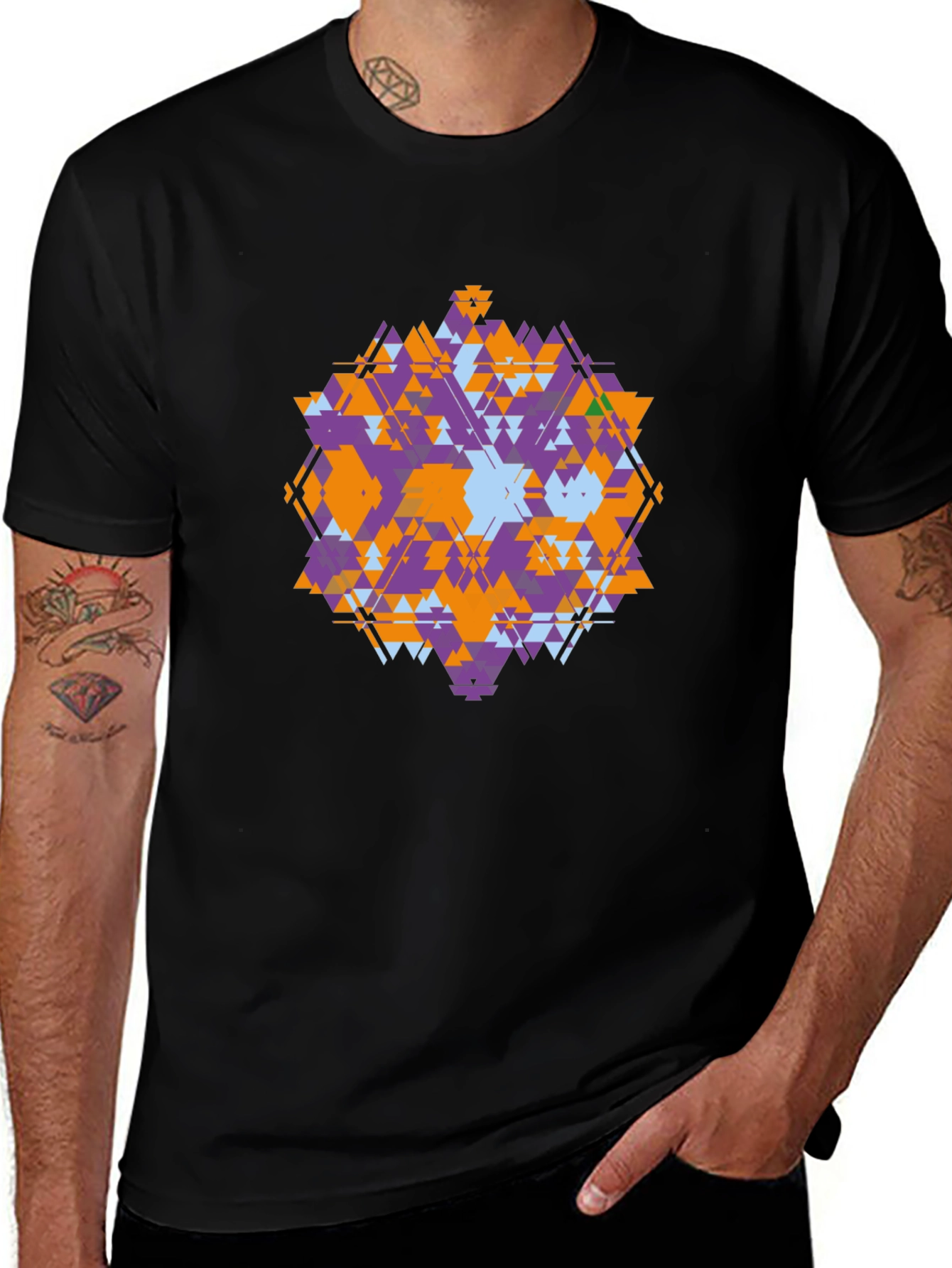 Geometric Triangle Pattern Black T-Shirt