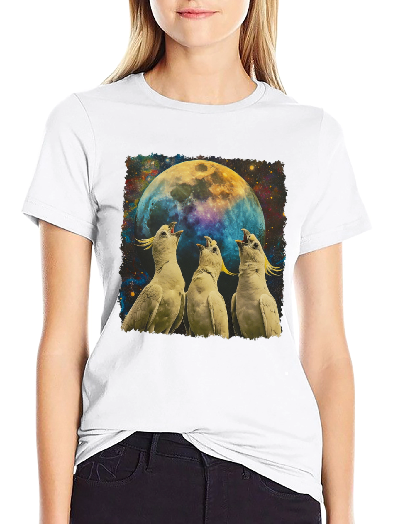 Cockatoos Howling at Moon Mens Black T-Shirt
