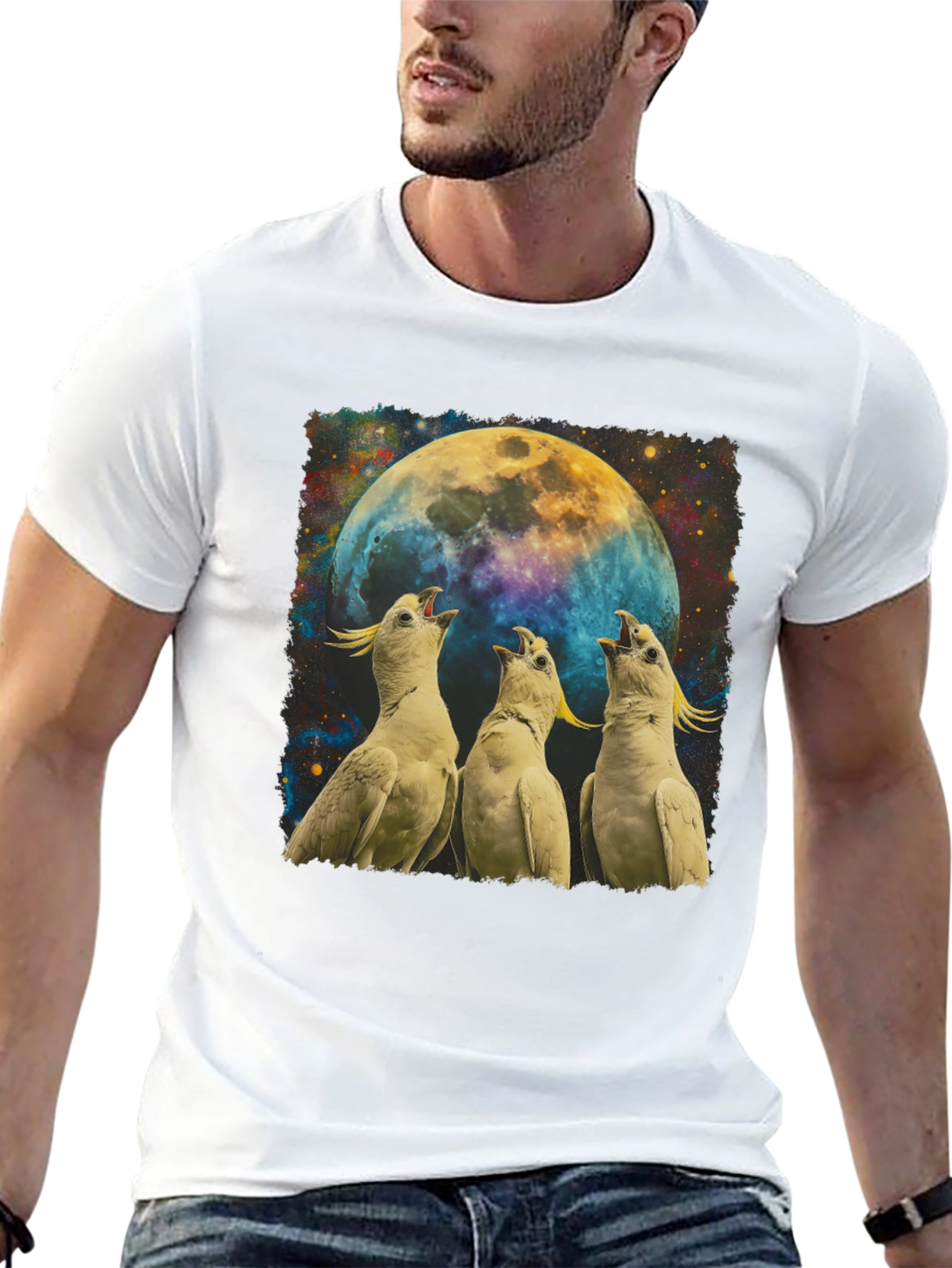 Cockatoos Howling at Moon Mens Black T-Shirt