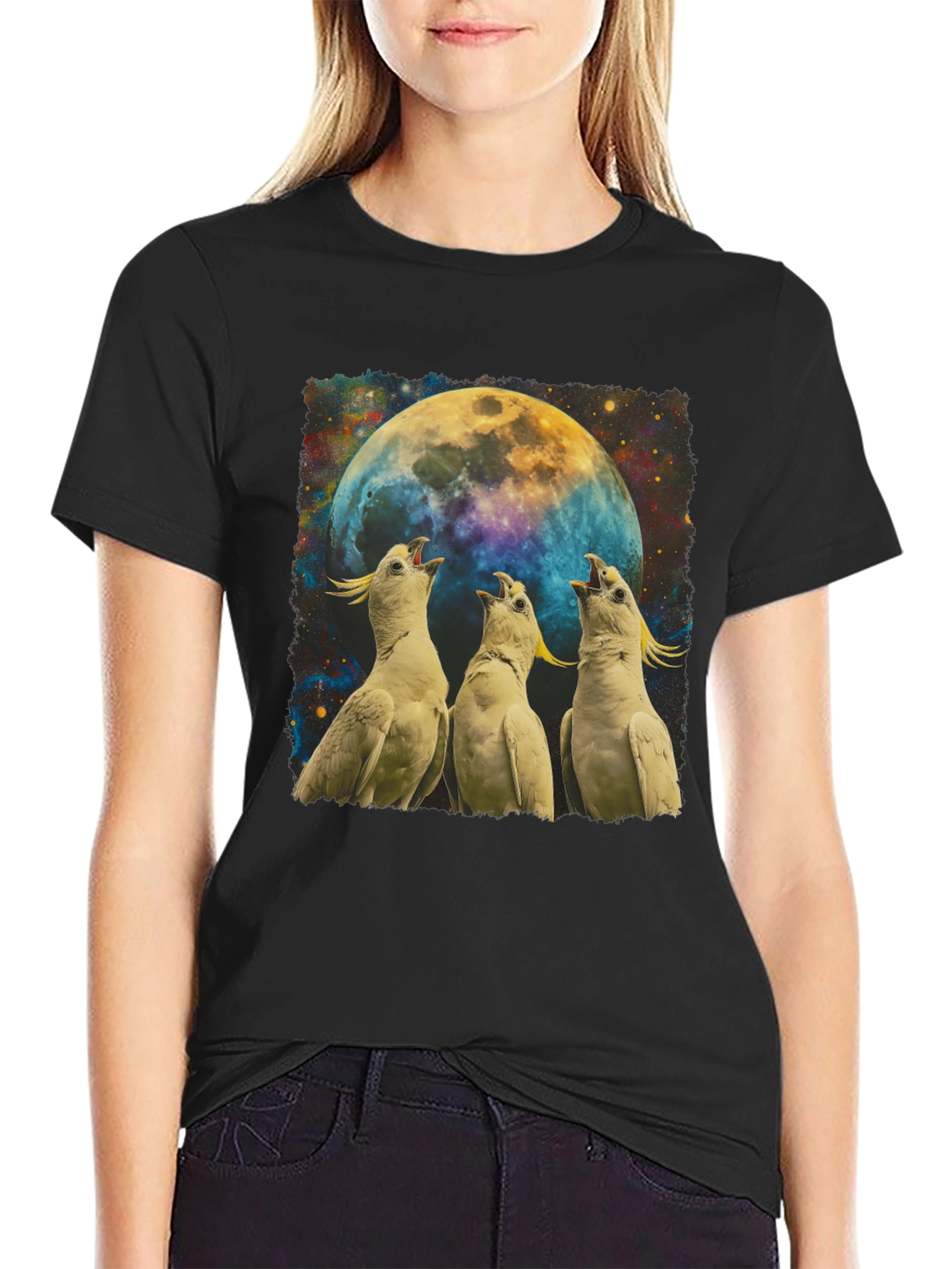 Cockatoos Howling at Moon Mens Black T-Shirt