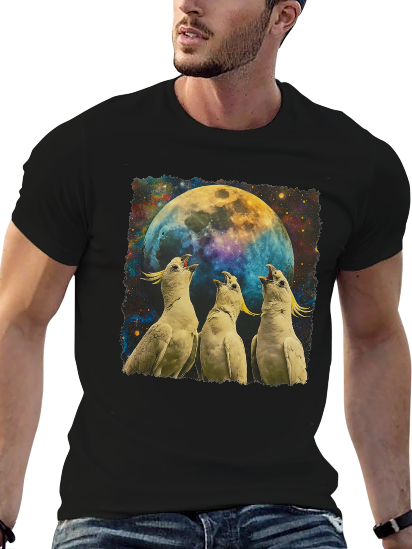 Cockatoos Howling at Moon Mens Black T-Shirt