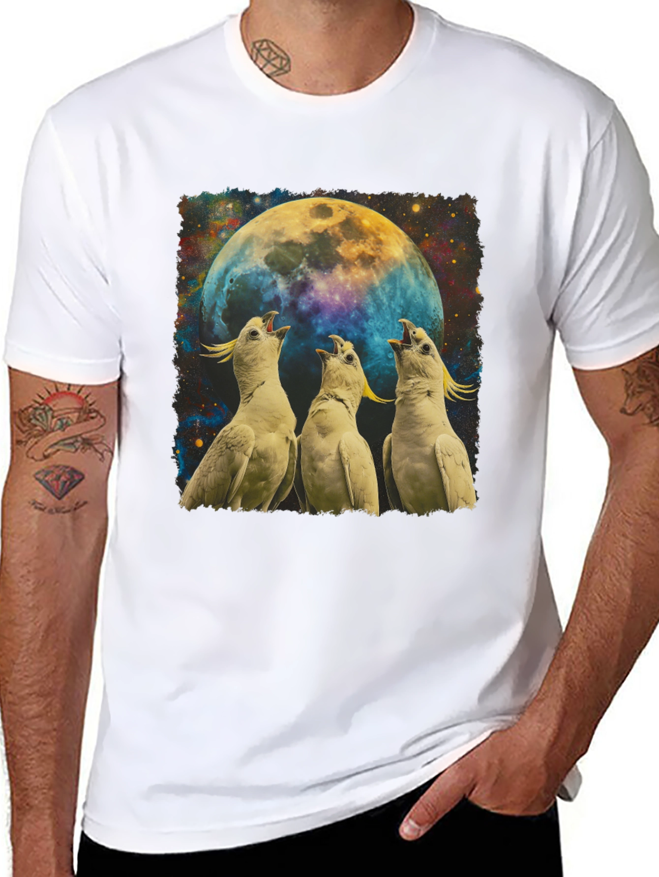 Cockatoos Howling at Moon Mens Black T-Shirt