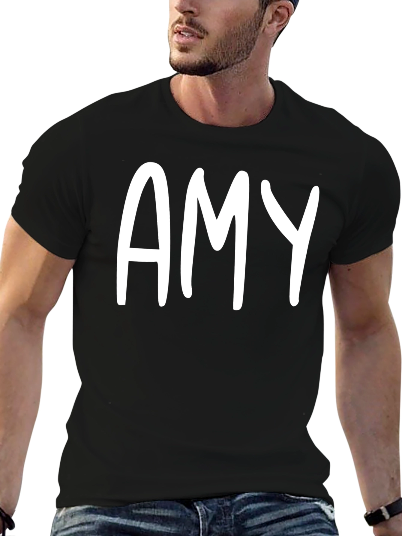 Personalized Amy White Letter Print Black Unisex T-Shirt