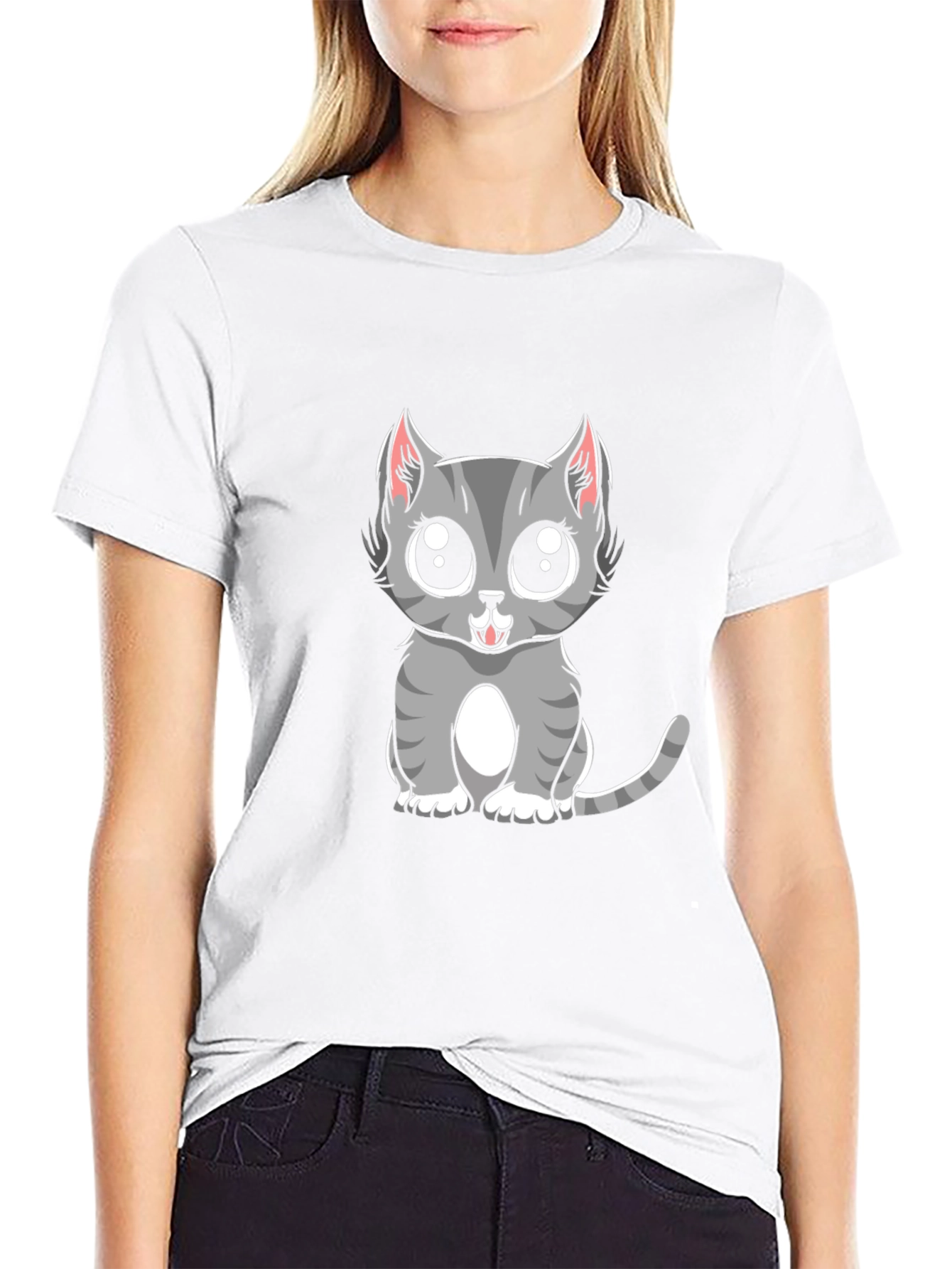 Cute Gray Cat Cartoon Graphic T-Shirt