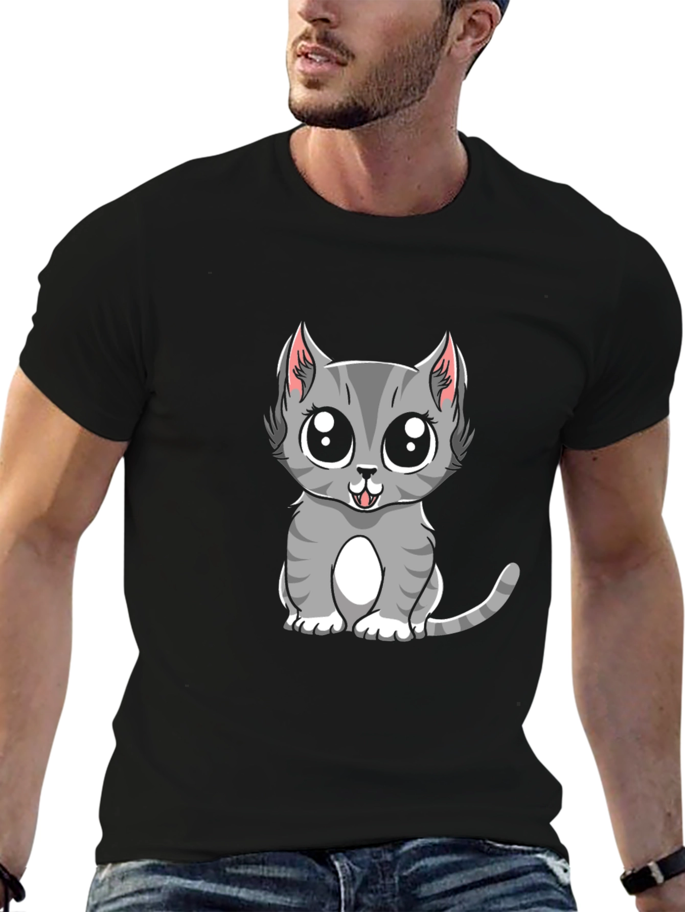 Cute Gray Cat Cartoon Graphic T-Shirt