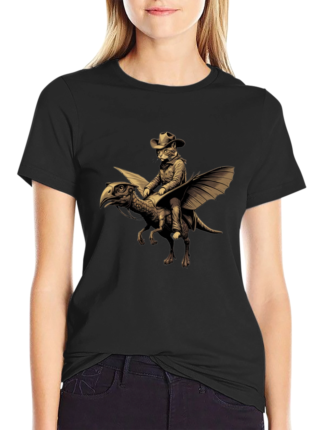 Cat Cowboy Riding Dinosaur T-Shirt