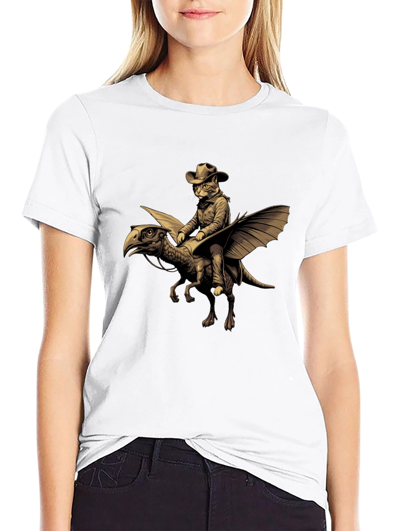 Cat Cowboy Riding Dinosaur T-Shirt