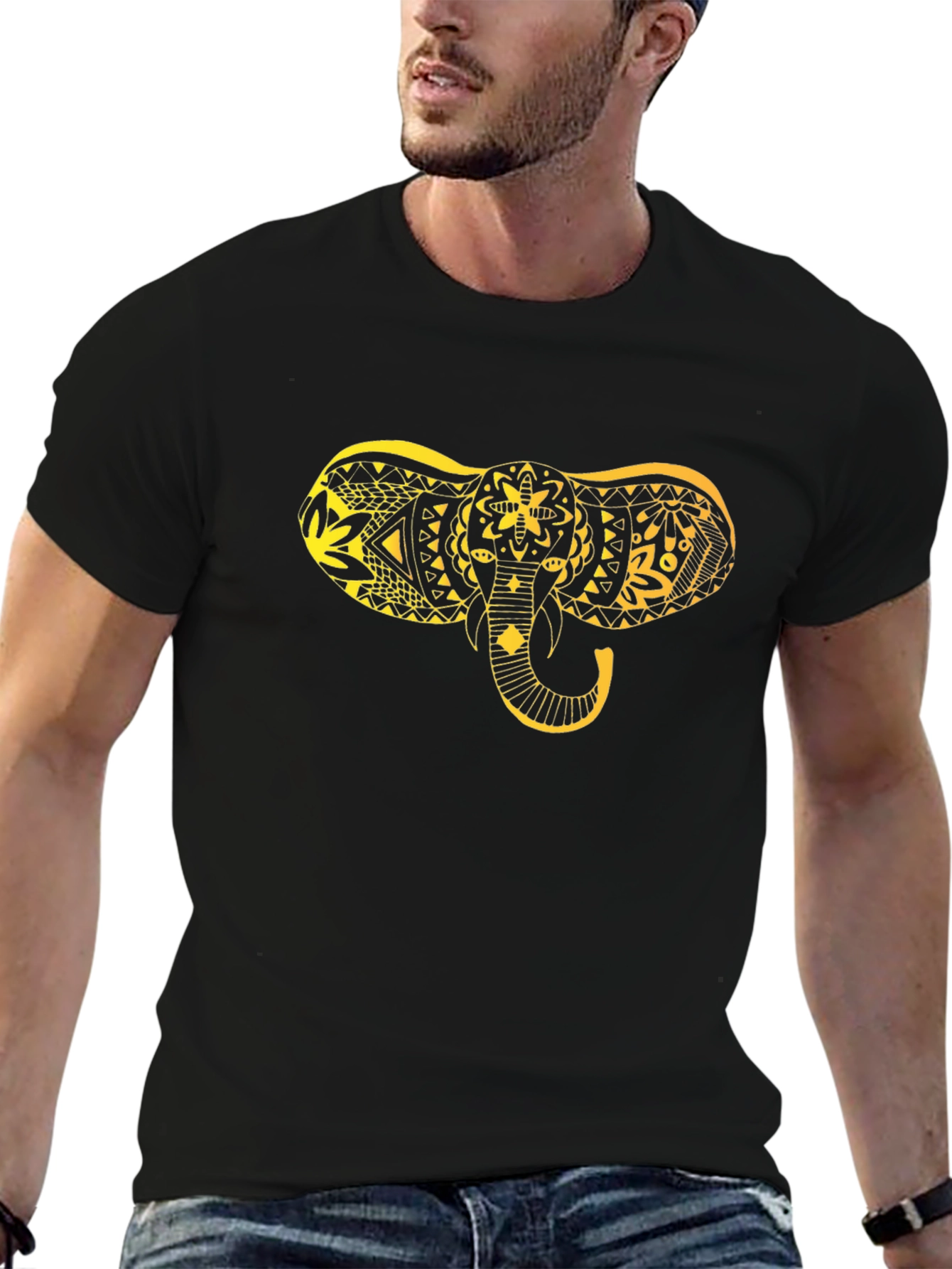 Black T-Shirt with Gold Elephant Design