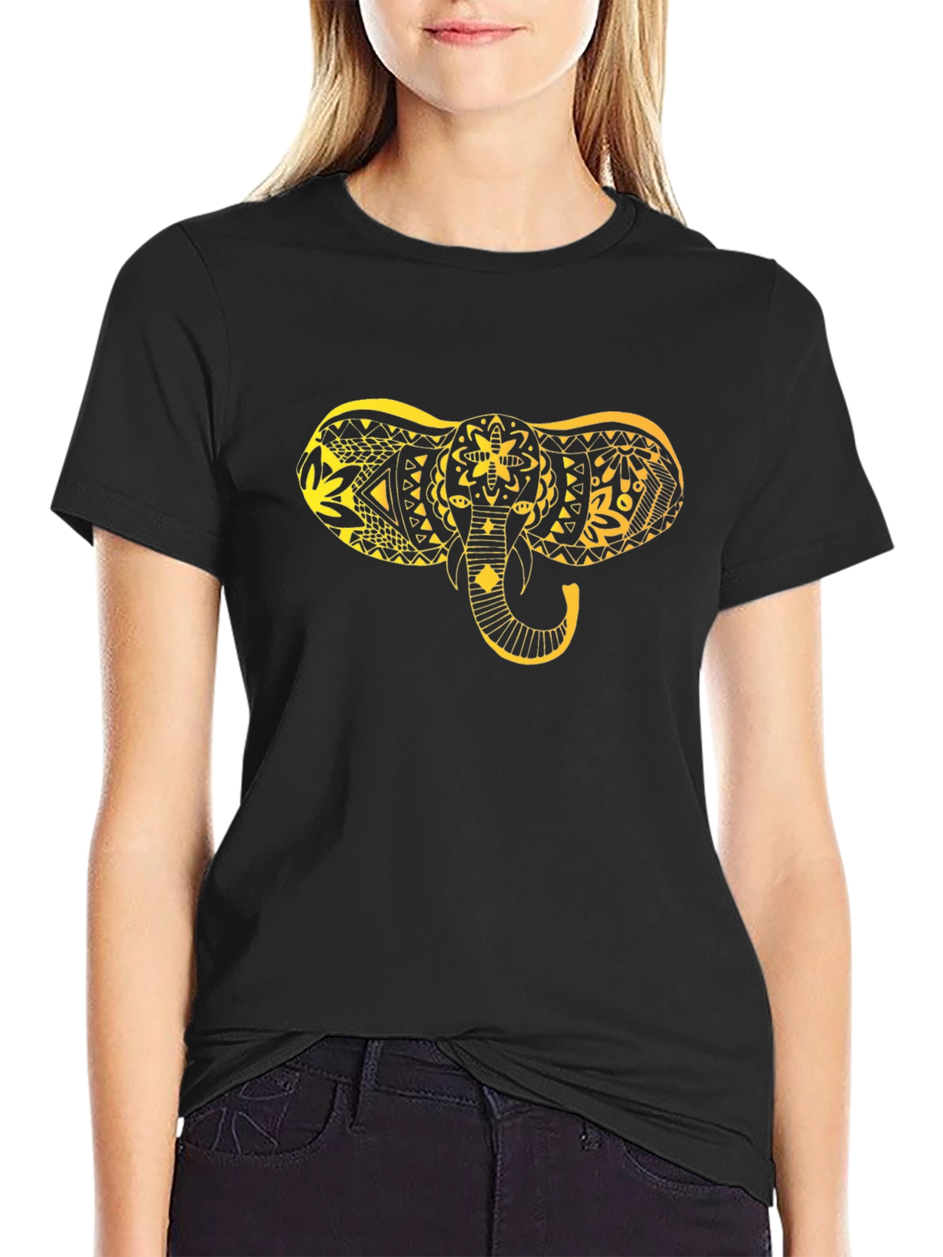 Black T-Shirt with Gold Elephant Design