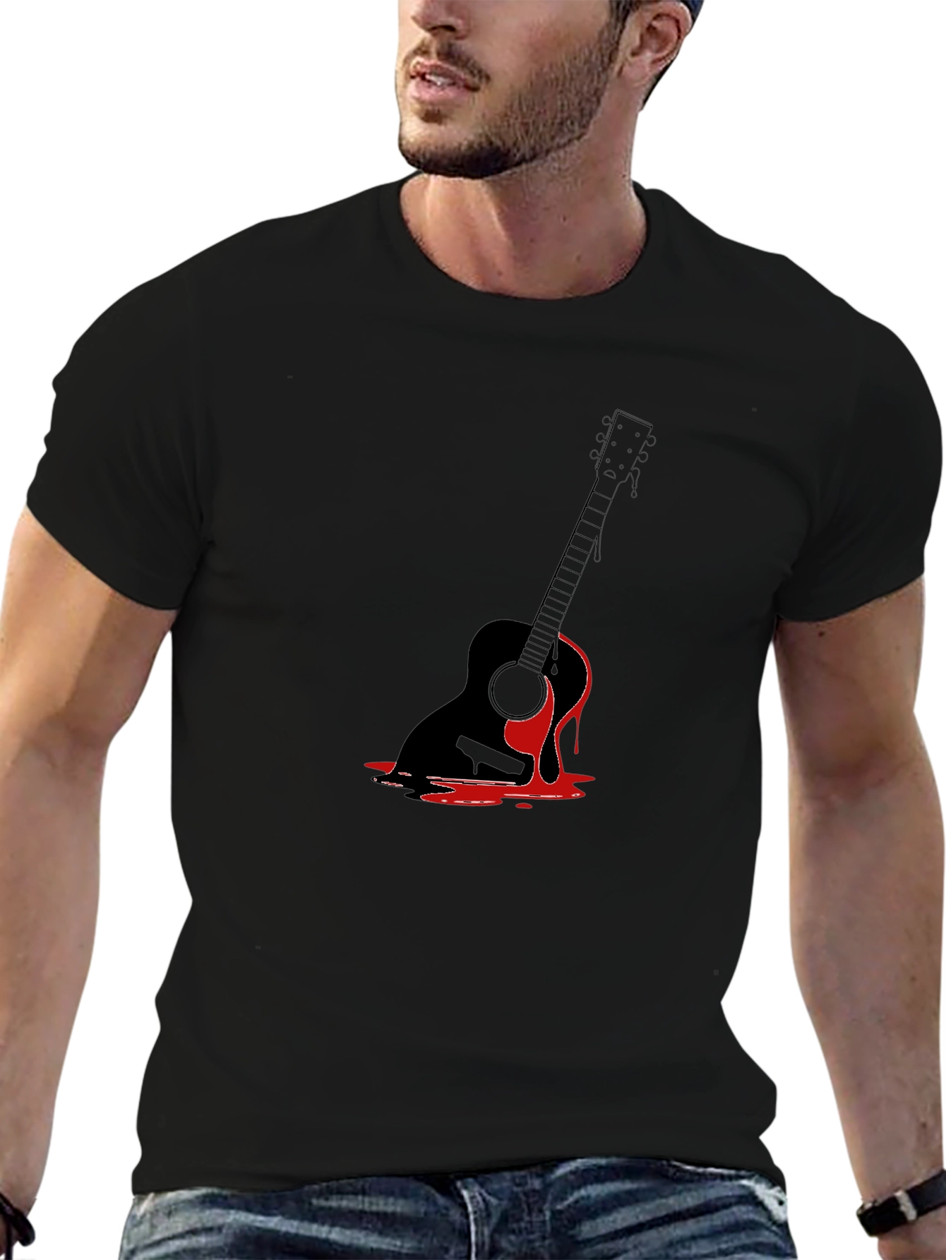 Guitar Drip Graphic Tee - Black Cotton T-Shirt