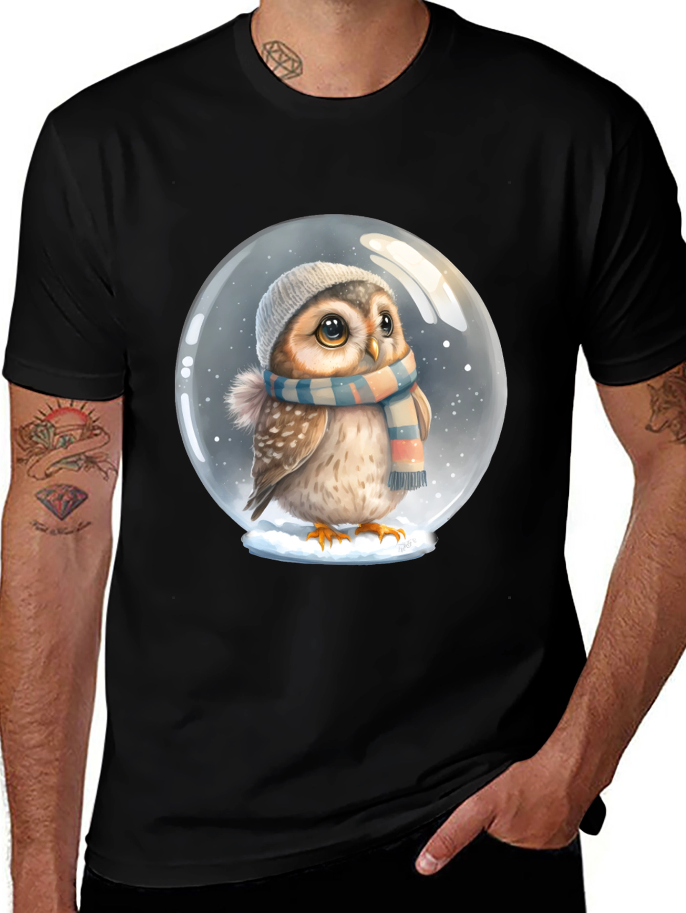 Cute Owl in Snow Globe Black T-Shirt