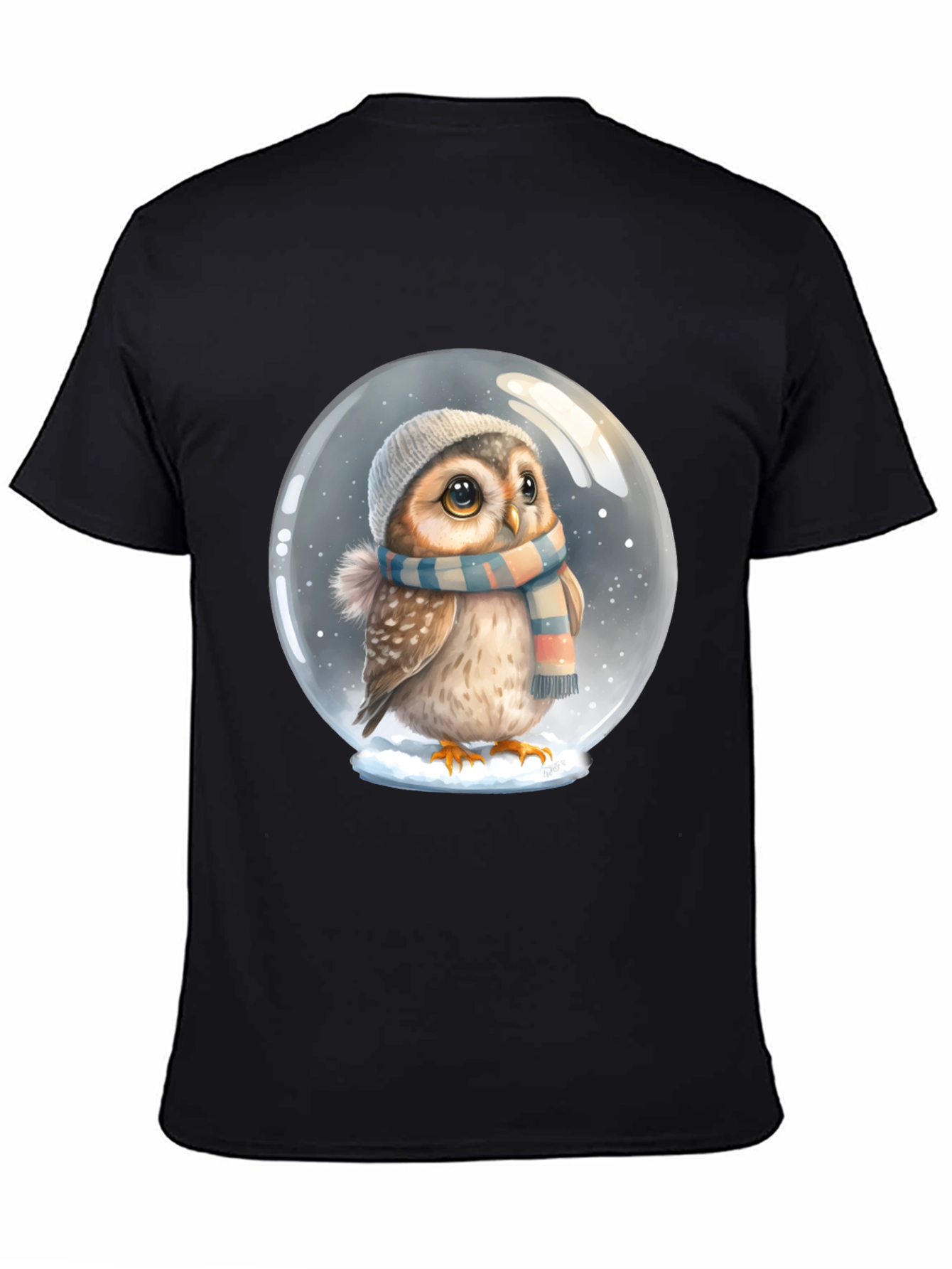 Cute Owl in Snow Globe Black T-Shirt