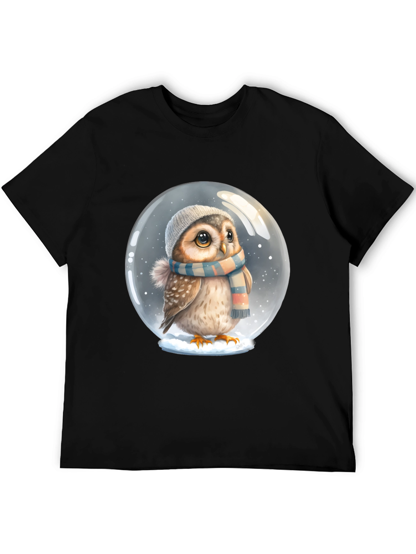 Cute Owl in Snow Globe Black T-Shirt