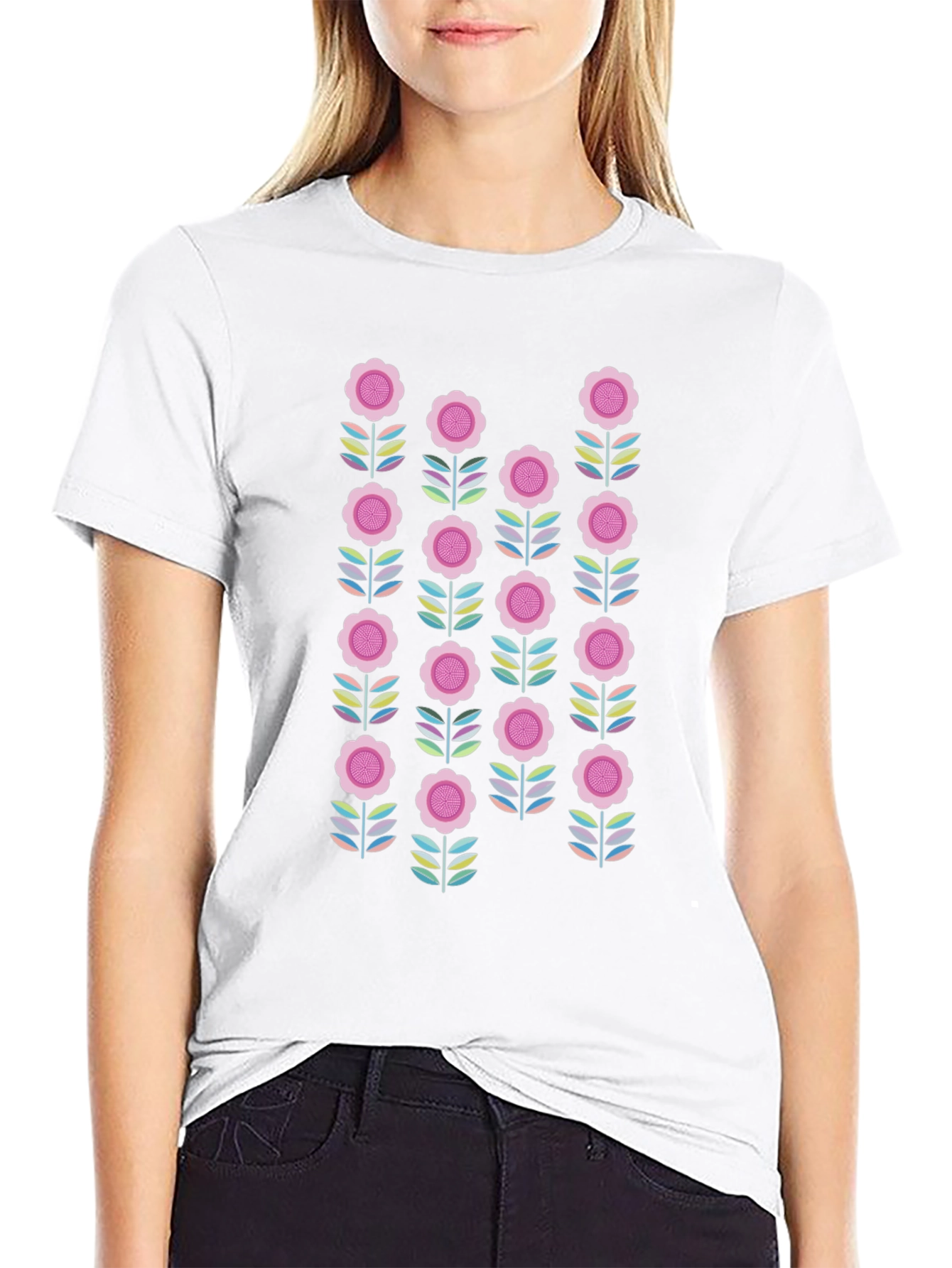 Retro Floral Graphic Tee - Black Cotton Blend