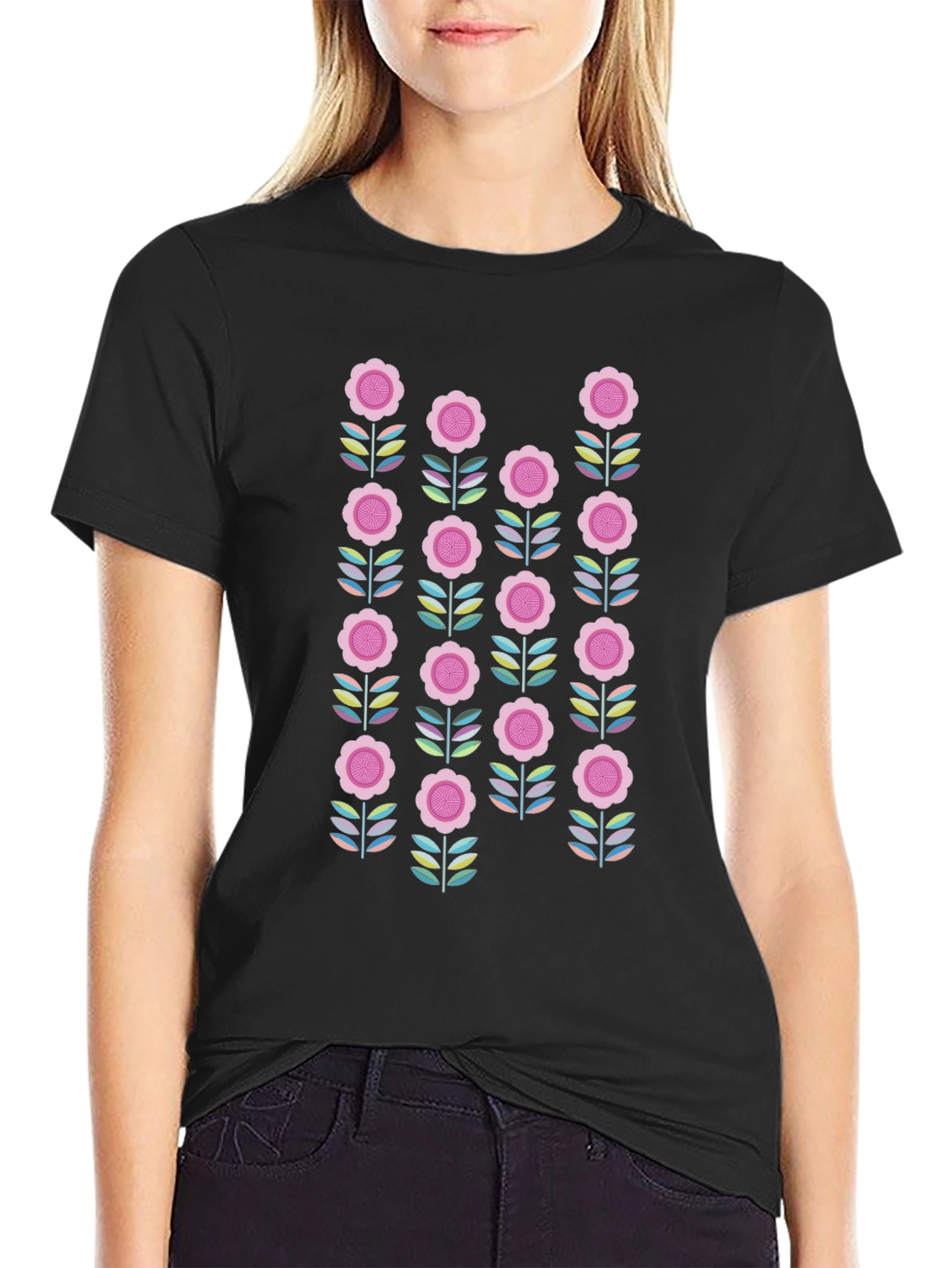 Retro Floral Graphic Tee - Black Cotton Blend