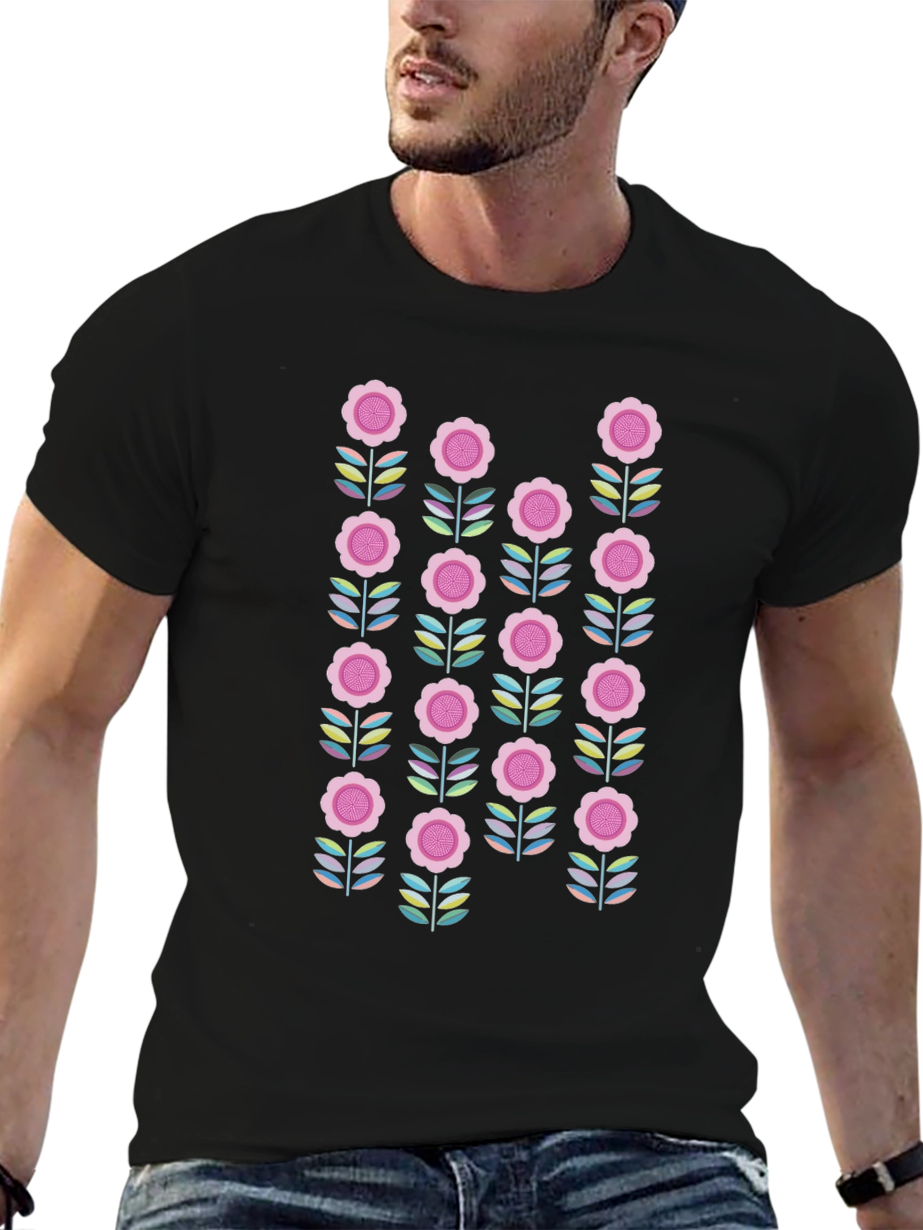 Retro Floral Graphic Tee - Black Cotton Blend