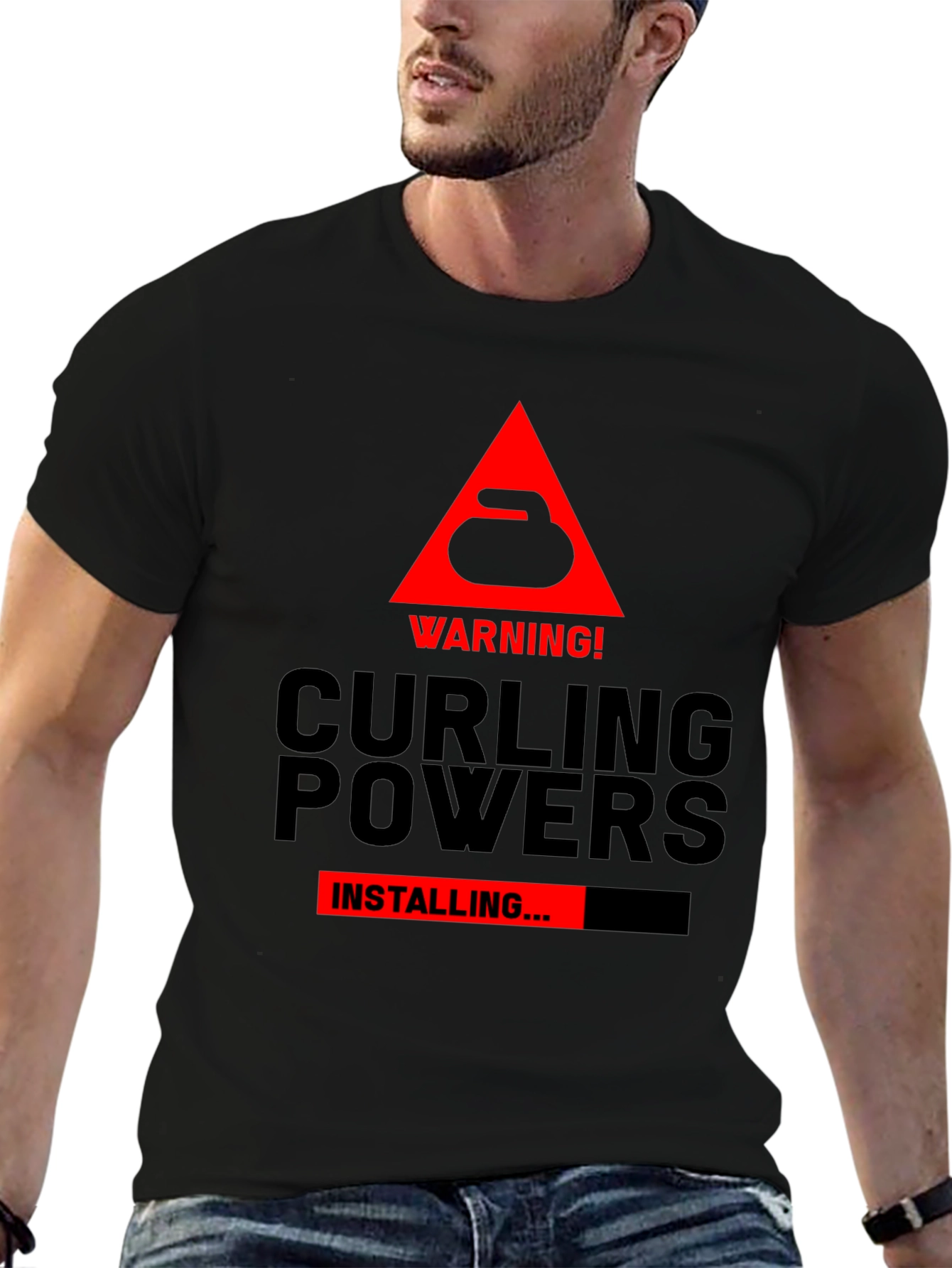 Curling Powers Installing Black T-Shirt