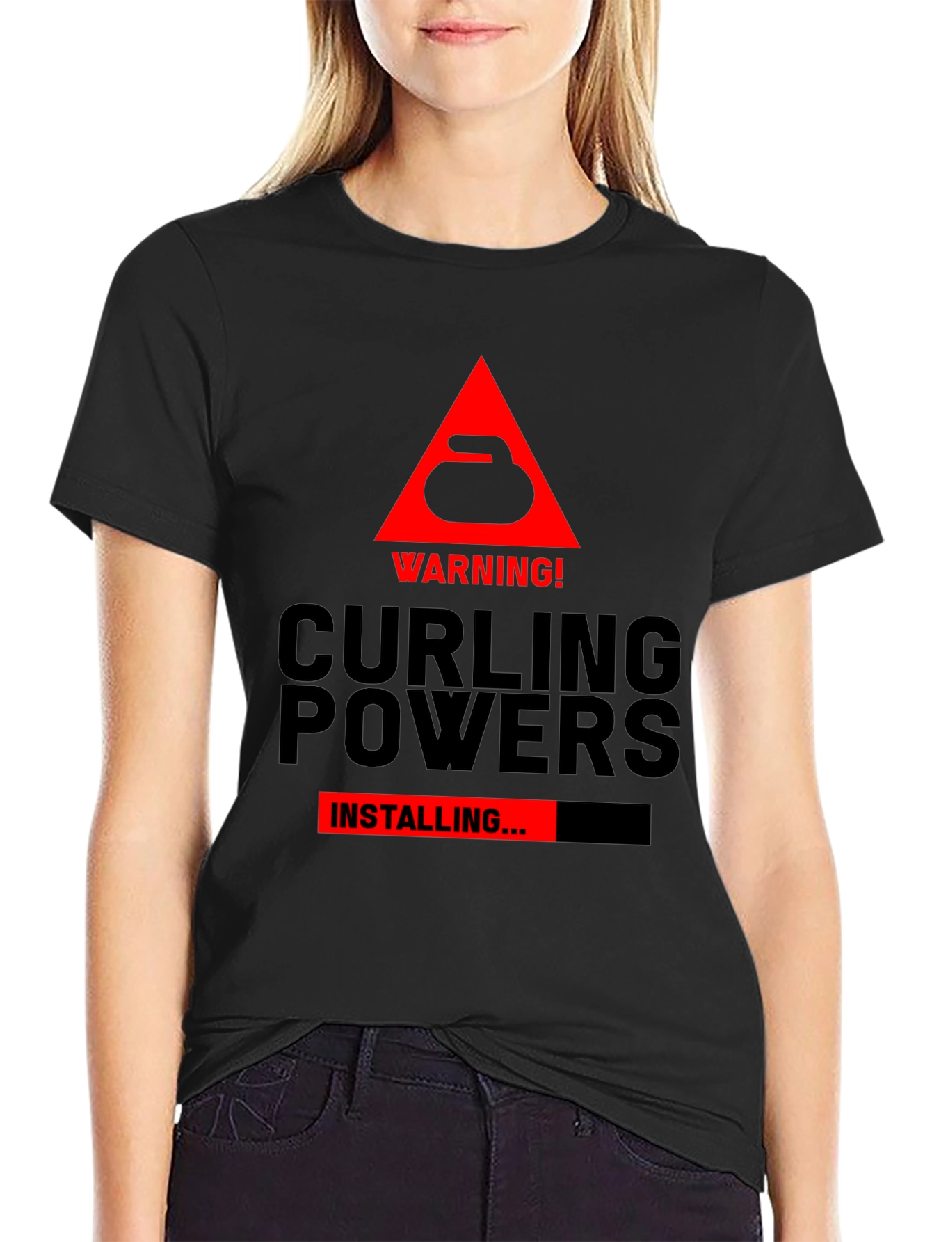 Curling Powers Installing Black T-Shirt