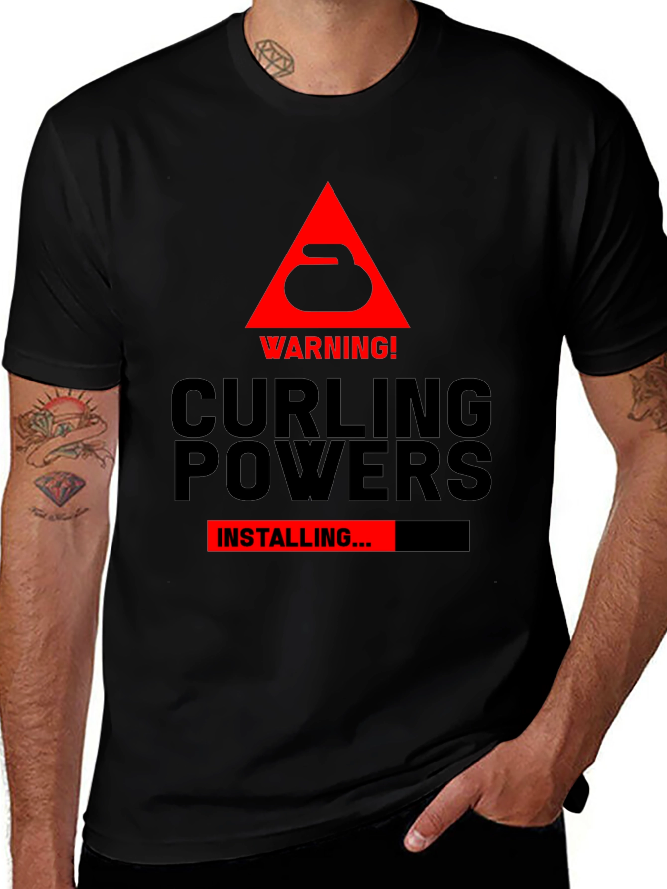 Curling Powers Installing Black T-Shirt