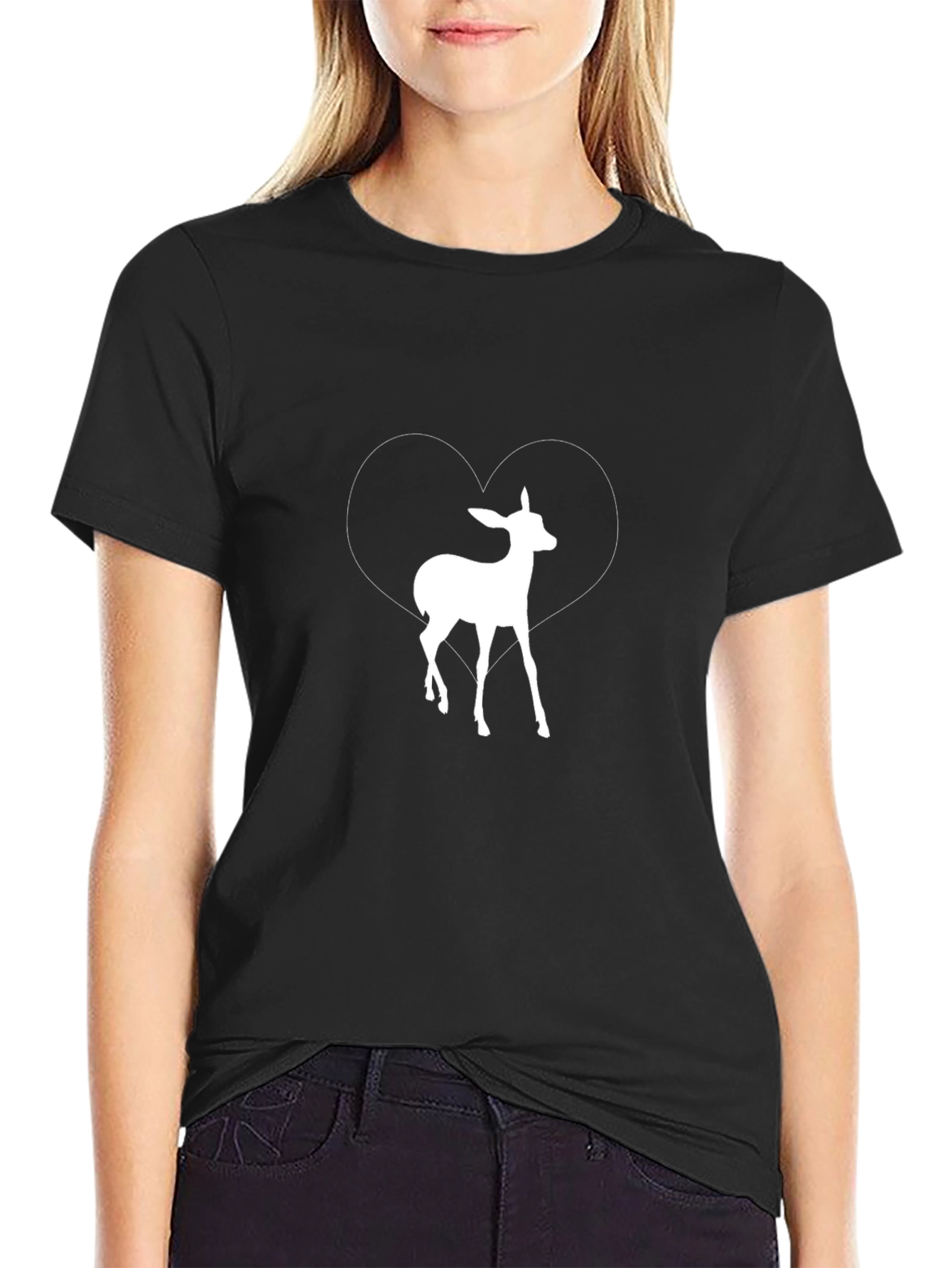 Deer Heart Graphic Print Tee - Black Casual T-Shirt