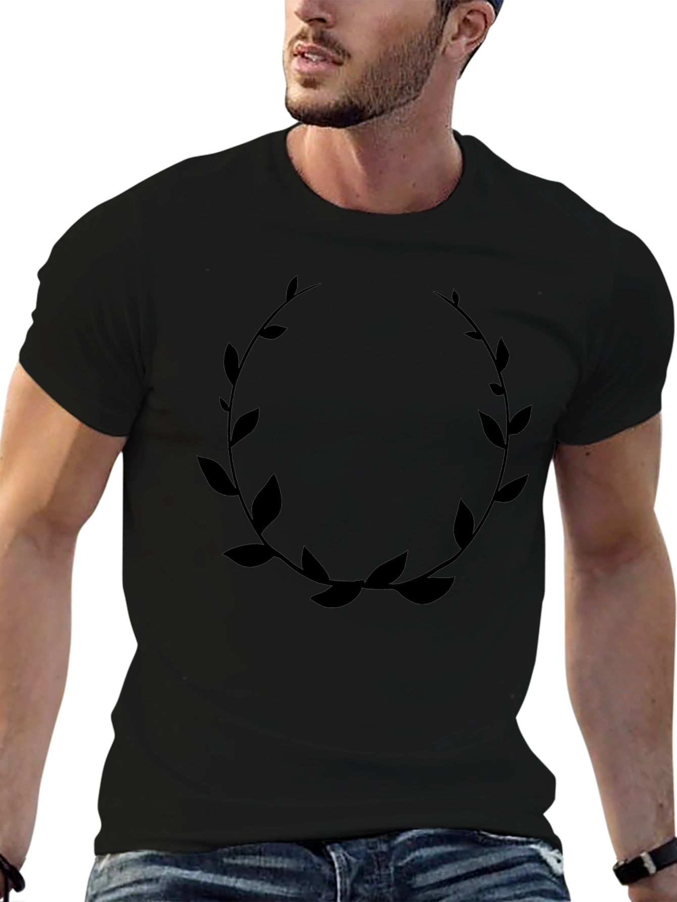 Leaf Wreath Graphic Black T-Shirt - Modern Casual Style