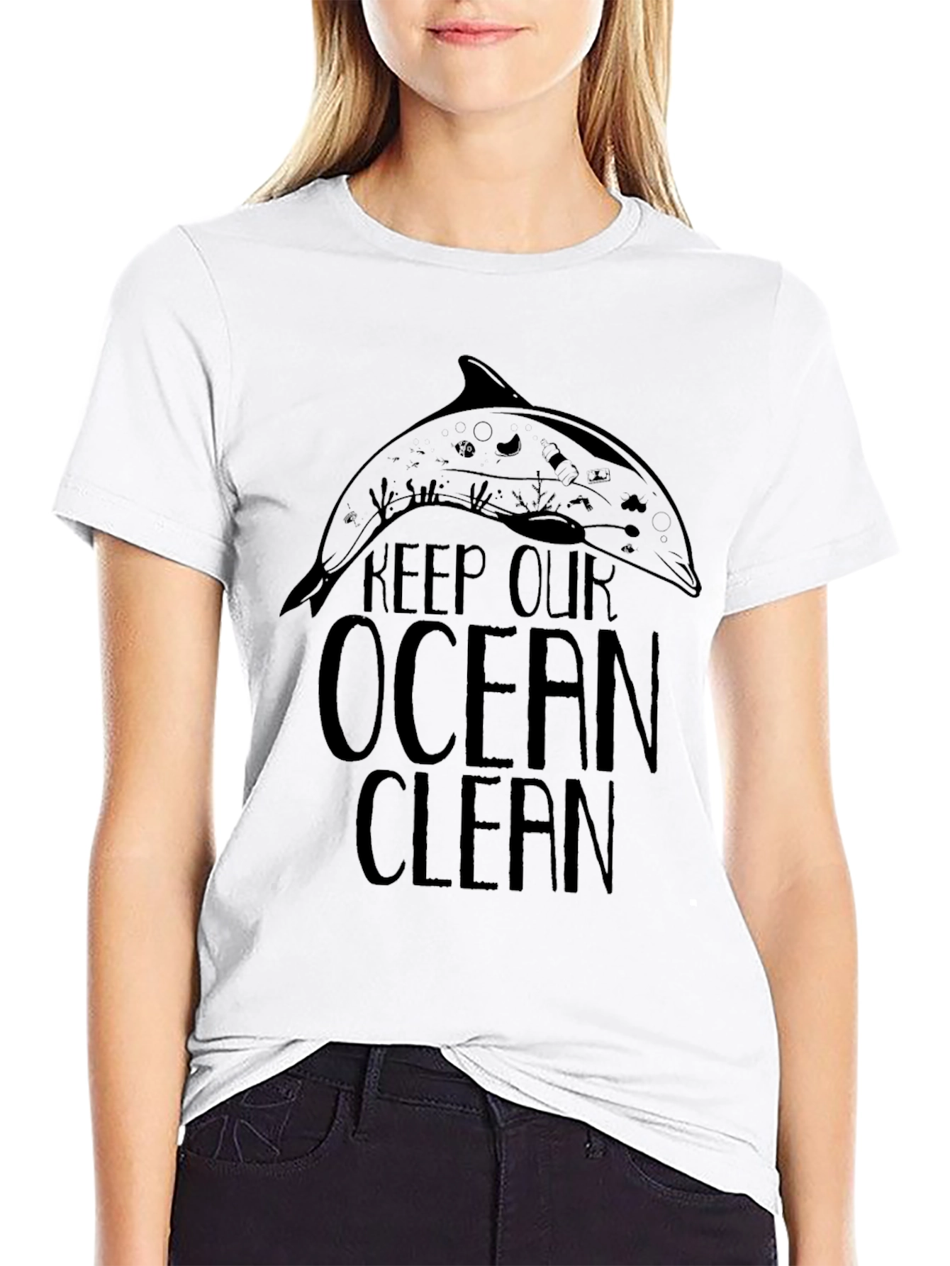 Keep Our Ocean Clean Dolphin Graphic Tee - Black