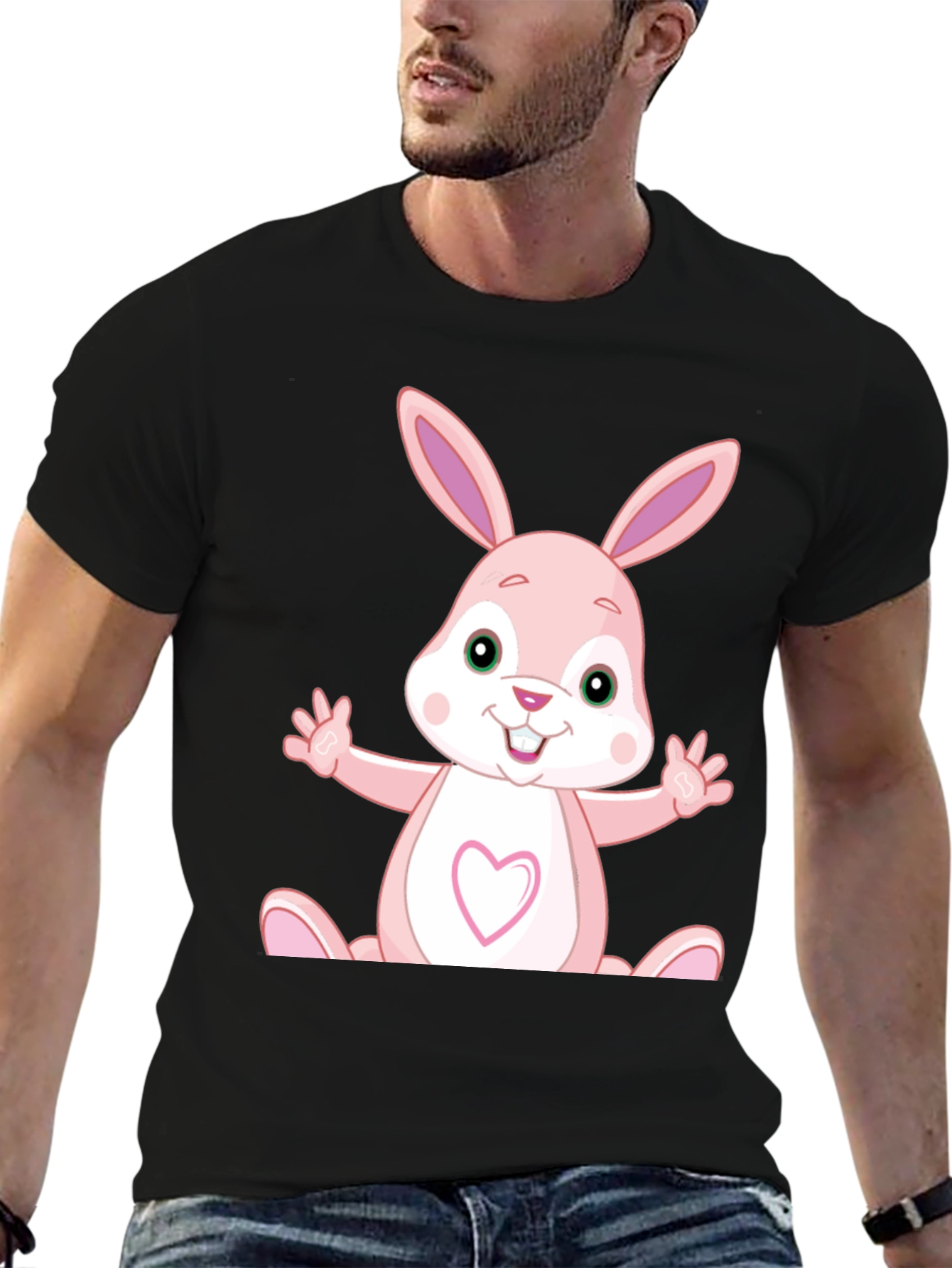 Cute Cartoon Rabbit Graphic Black T-Shirt