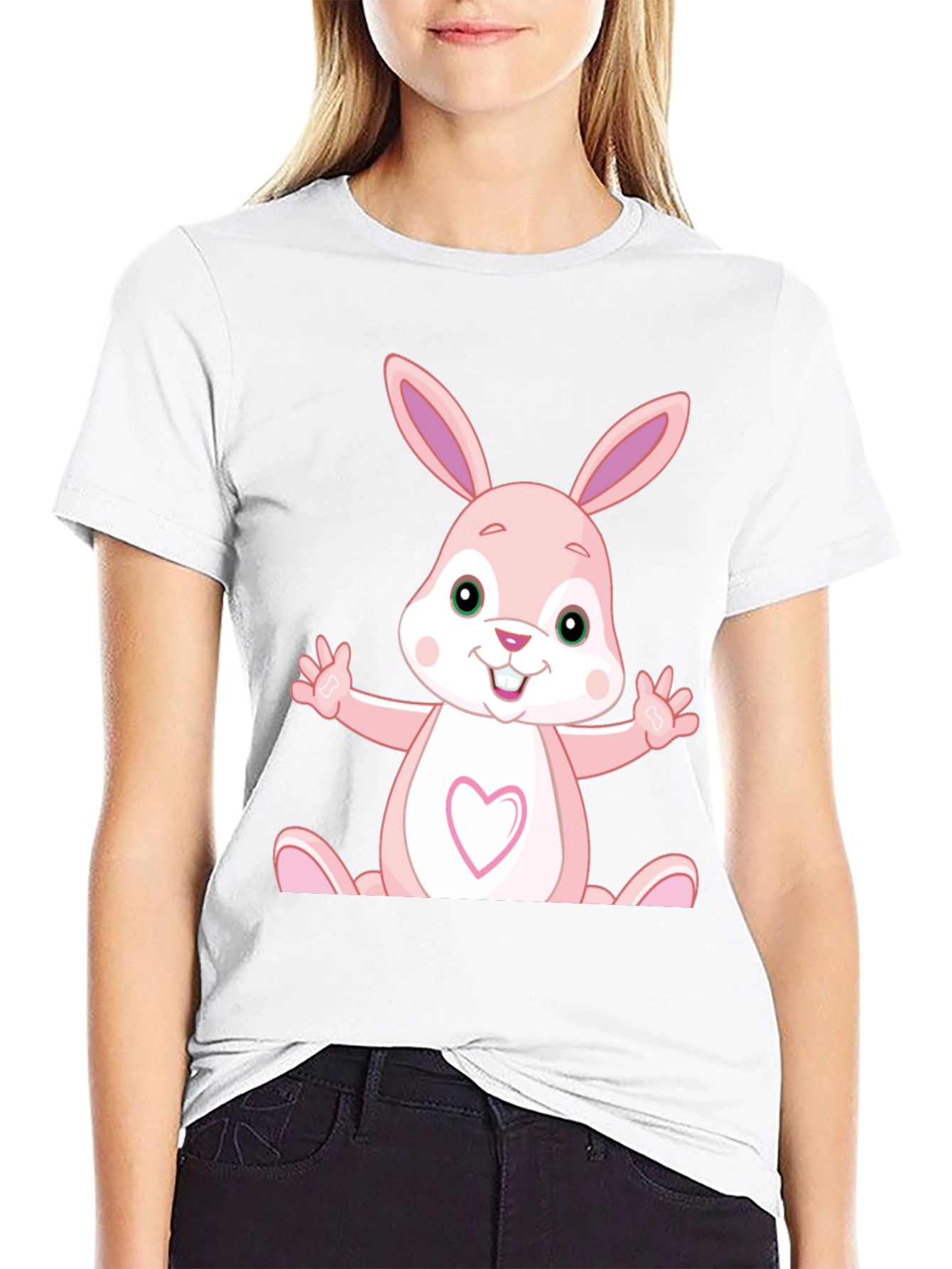 Cute Cartoon Rabbit Graphic Black T-Shirt
