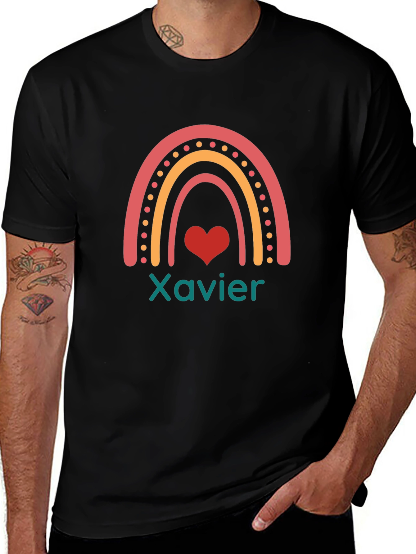Xavier Rainbow Heart Personalized Black T-Shirt