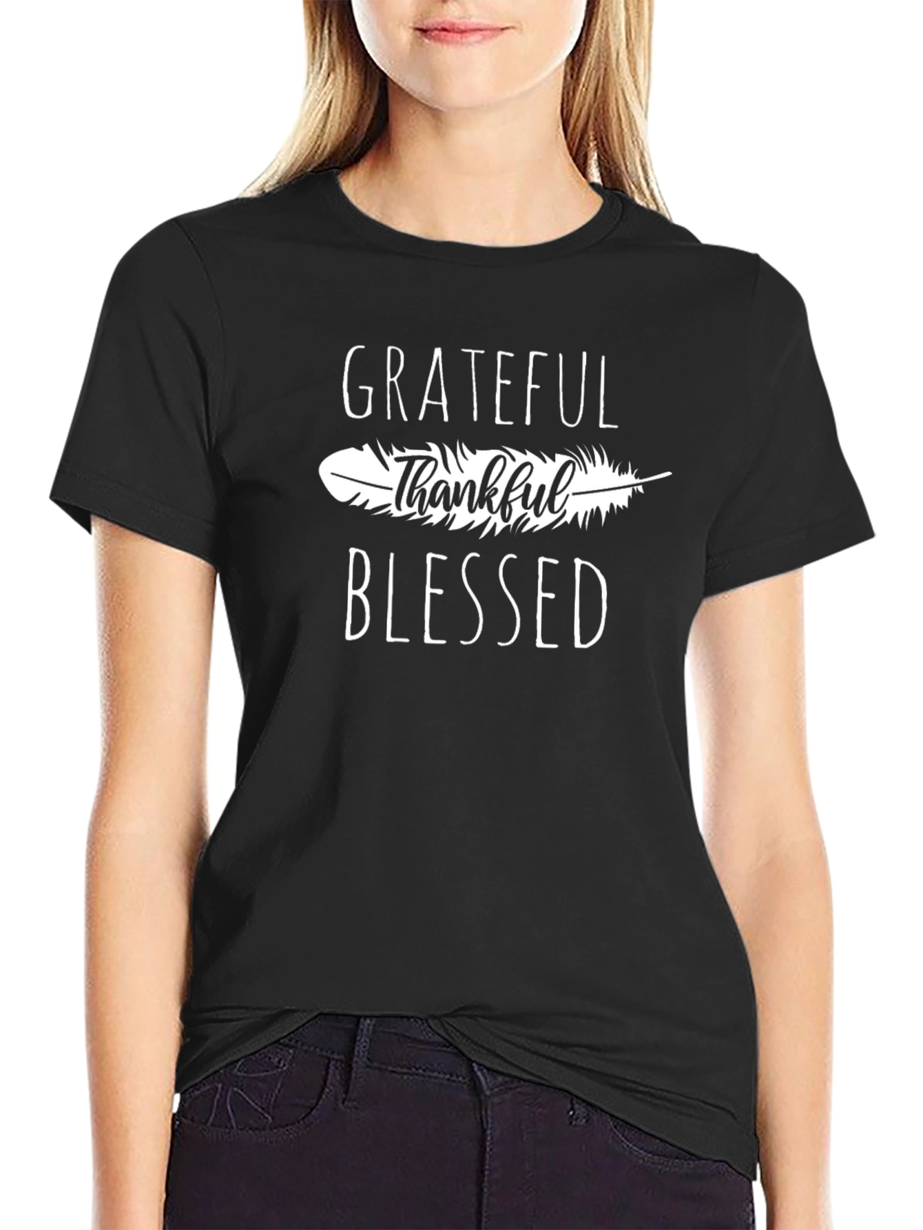 Grateful Thankful Blessed T-Shirt - Feather Design