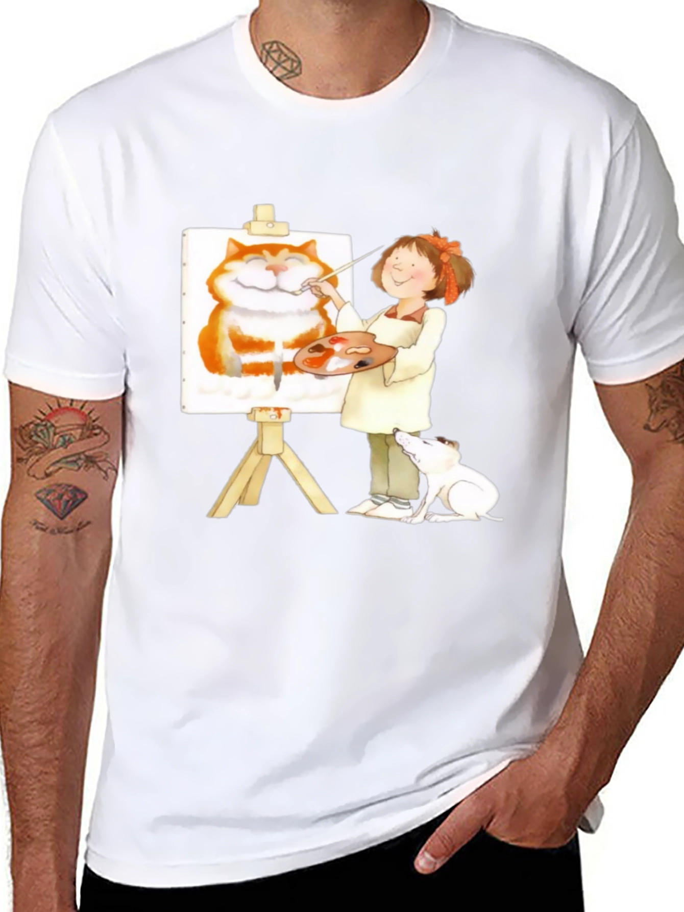 Painter Girl Cat Portrait Graphic T-Shirt