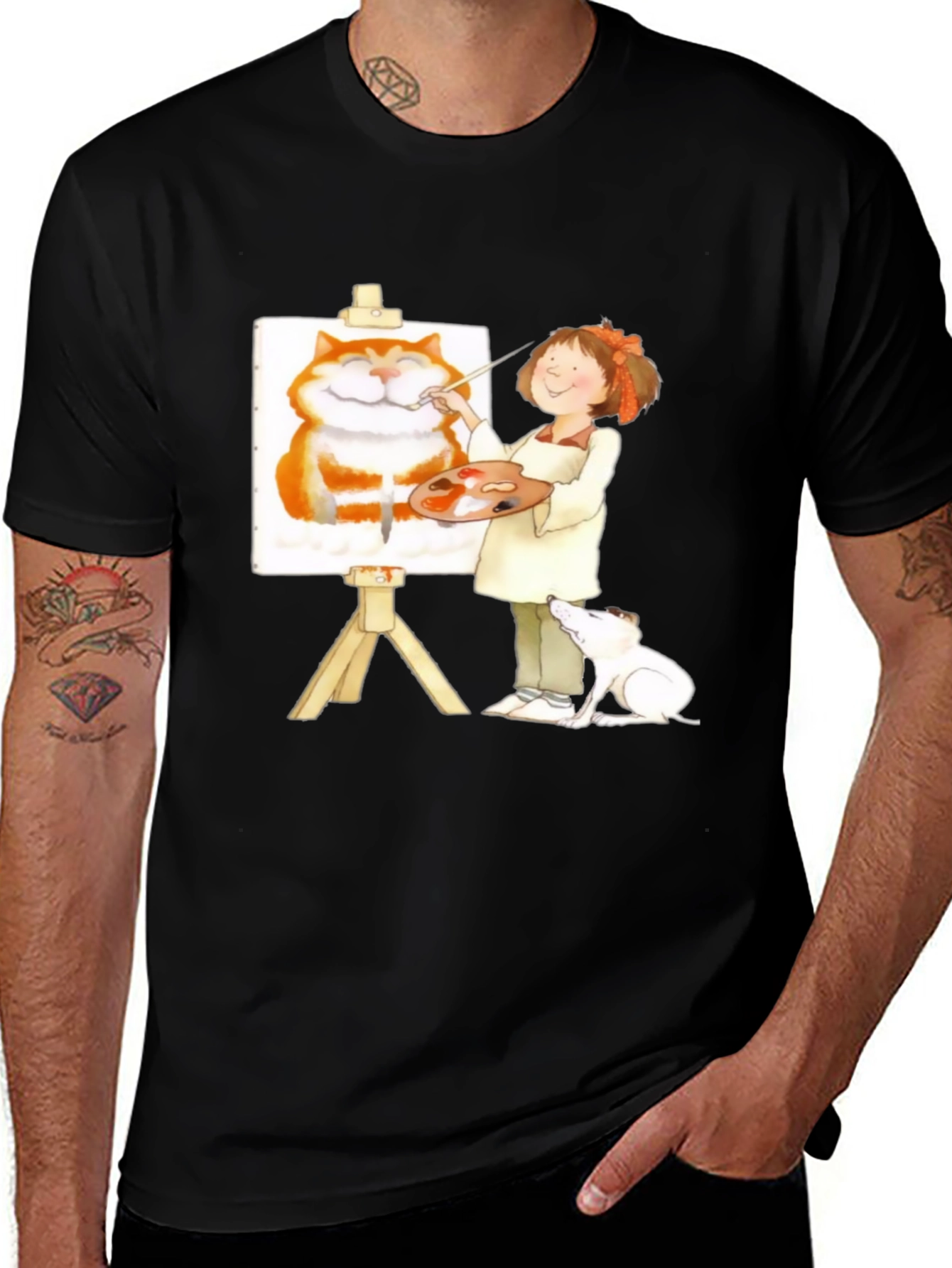 Painter Girl Cat Portrait Graphic T-Shirt