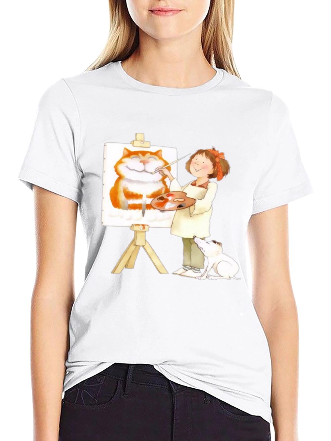 Painter Girl Cat Portrait Graphic T-Shirt
