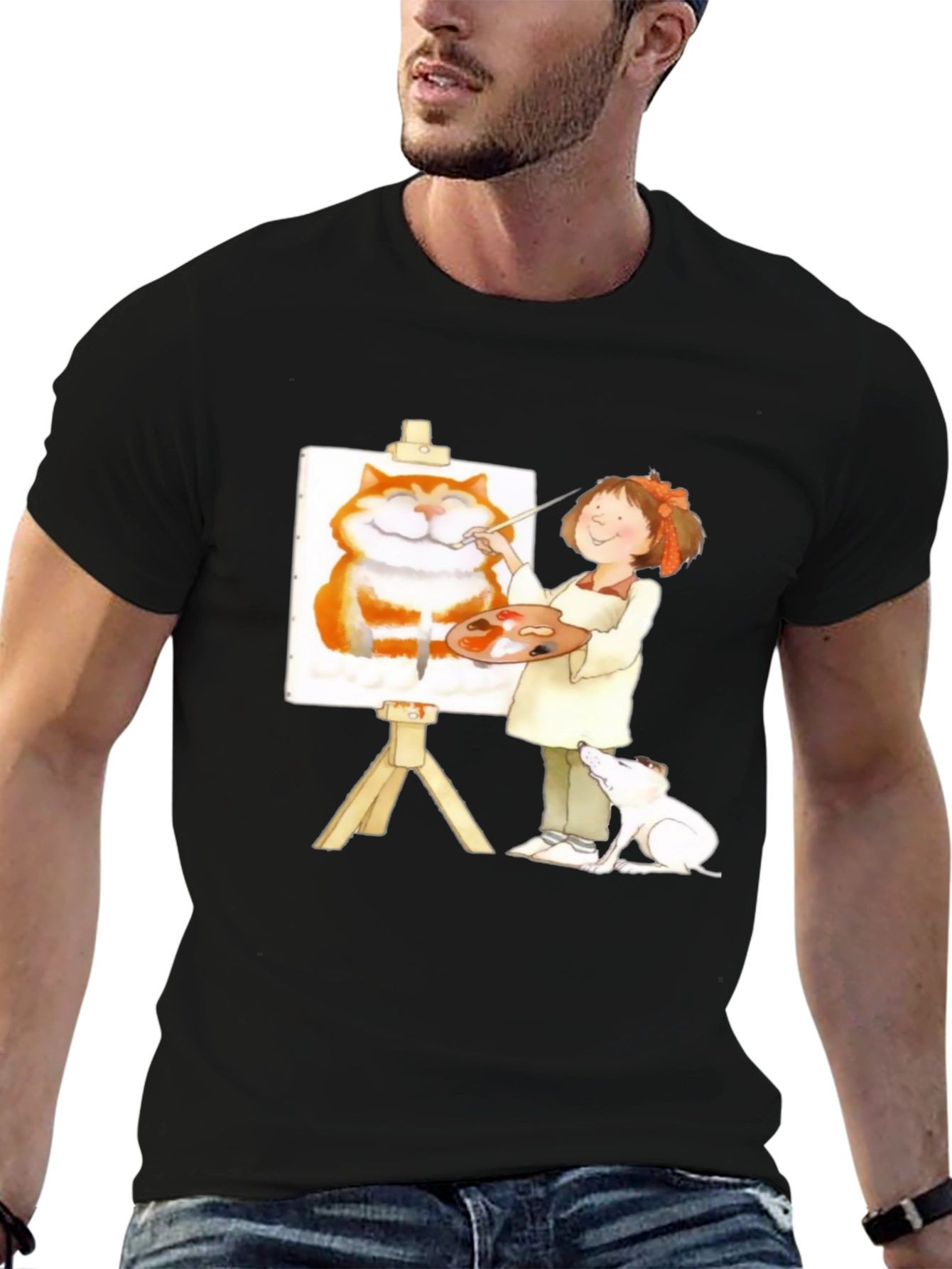Painter Girl Cat Portrait Graphic T-Shirt