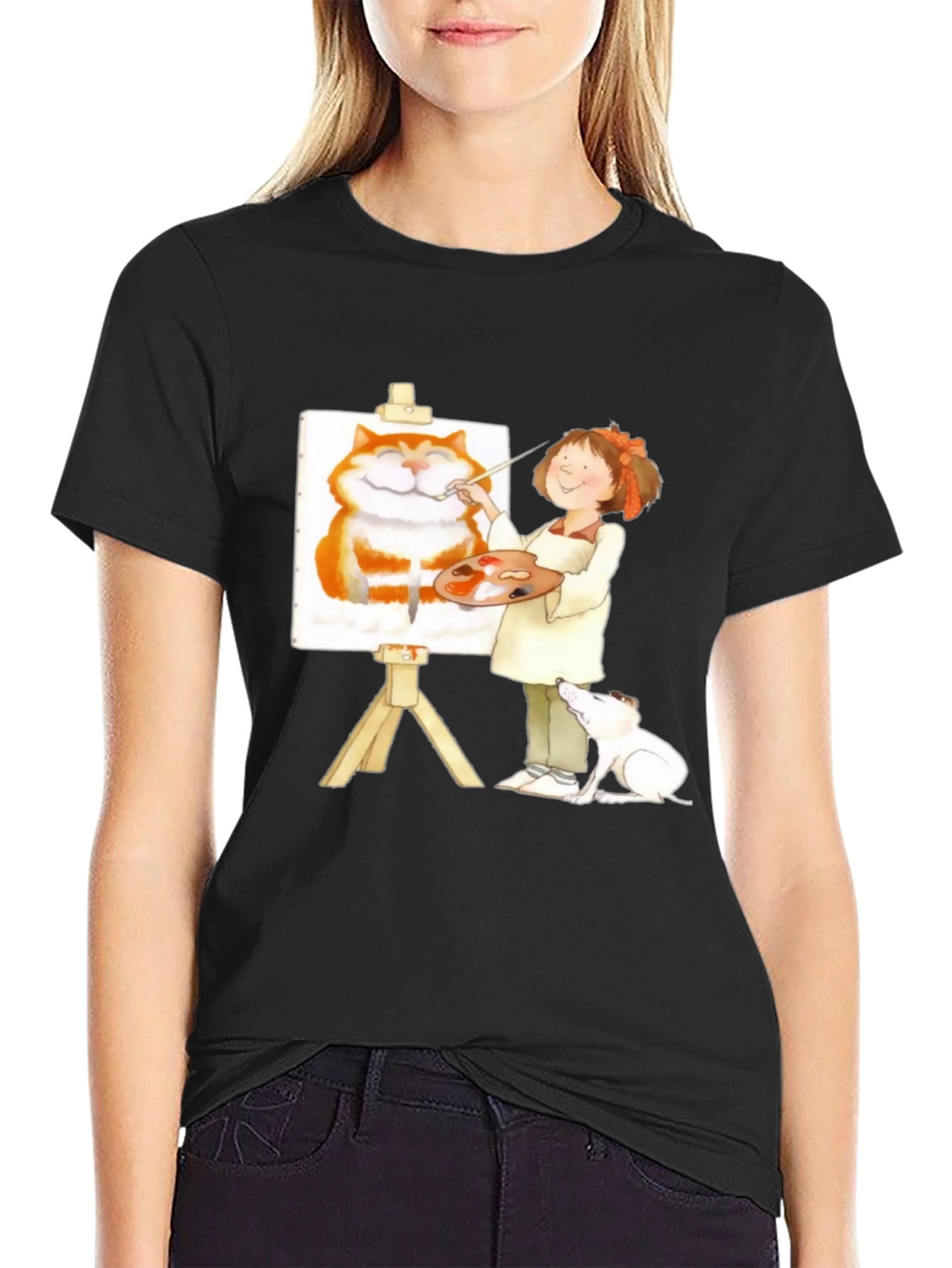 Painter Girl Cat Portrait Graphic T-Shirt