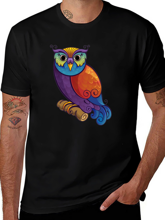 Colorful Owl Graphic Print Black T-Shirt