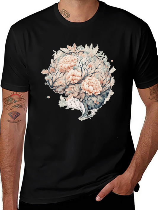 Floral Brain Graphic Tee - Unique Mens Black T-Shirt