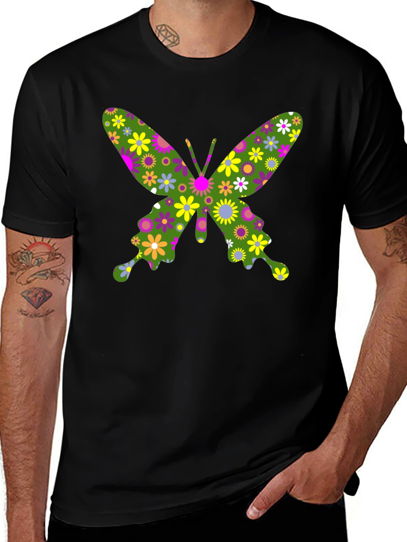 Floral Butterfly Print Black T-Shirt